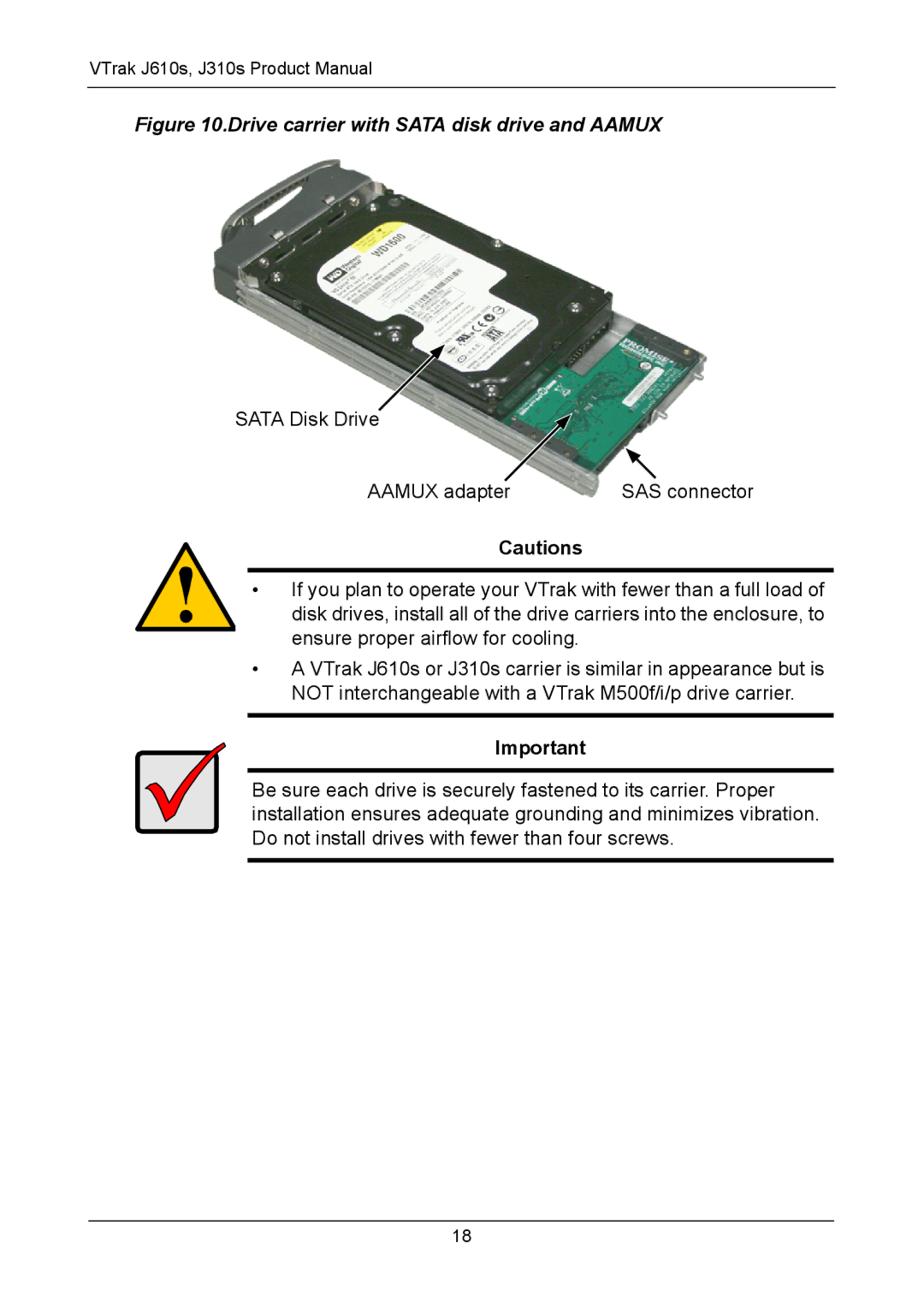 Promise Technology J610S, J310S manual Drive carrier with Sata disk drive and Aamux 