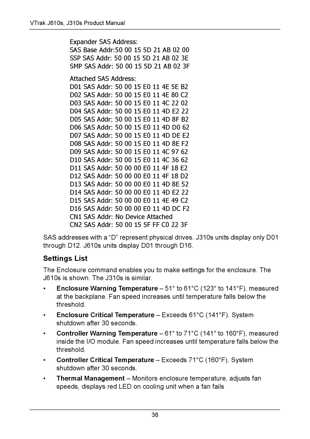 Promise Technology J610S, J310S manual Settings List 