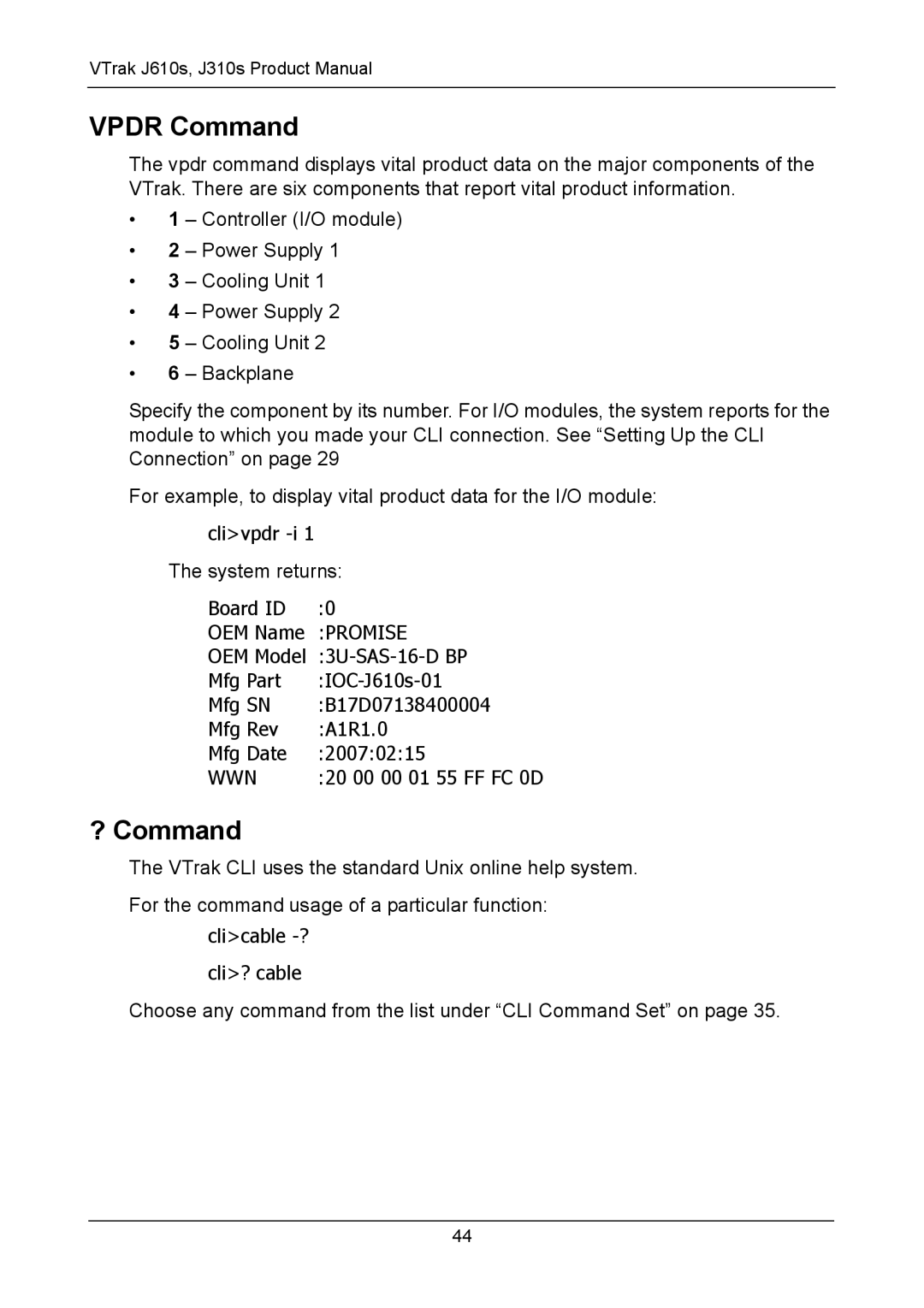 Promise Technology J610S, J310S manual Vpdr Command, ? Command 