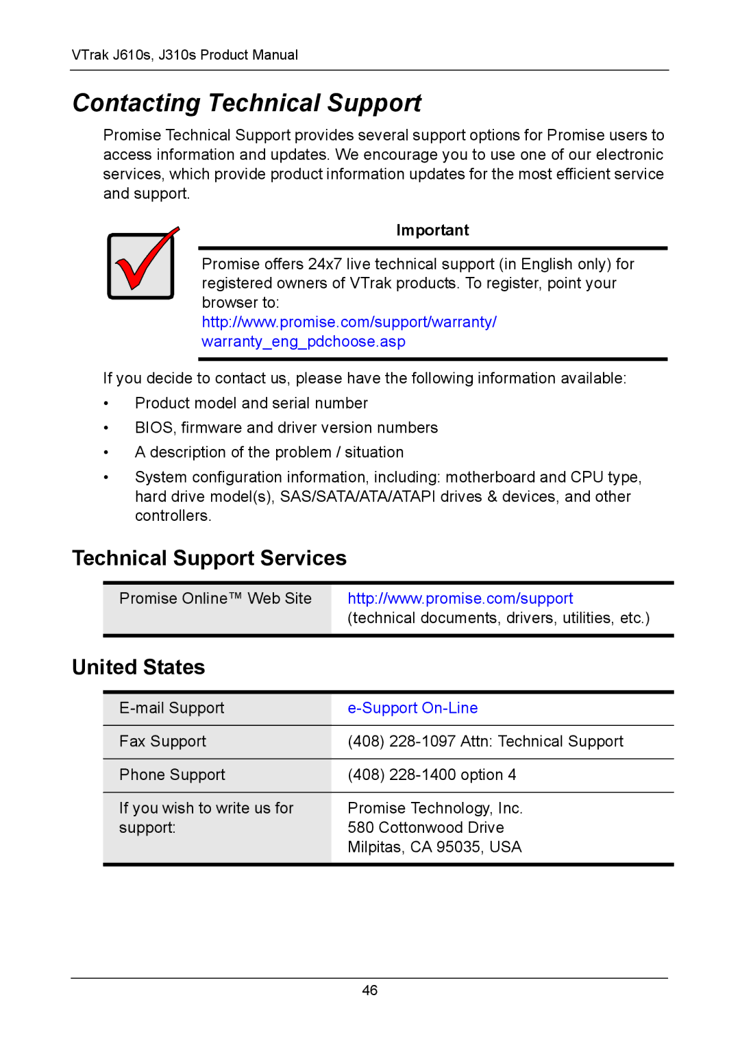 Promise Technology J610S, J310S manual Contacting Technical Support, Technical Support Services, United States 