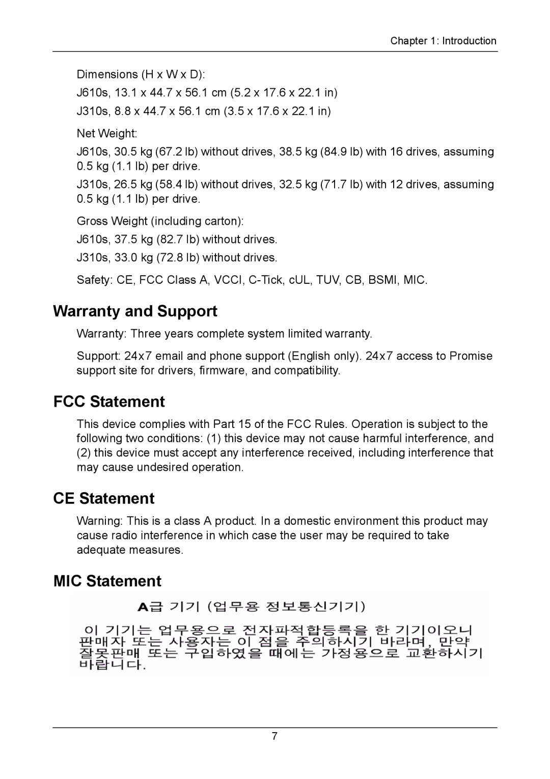 Promise Technology J310S, J610S manual Warranty and Support, FCC Statement, CE Statement MIC Statement 