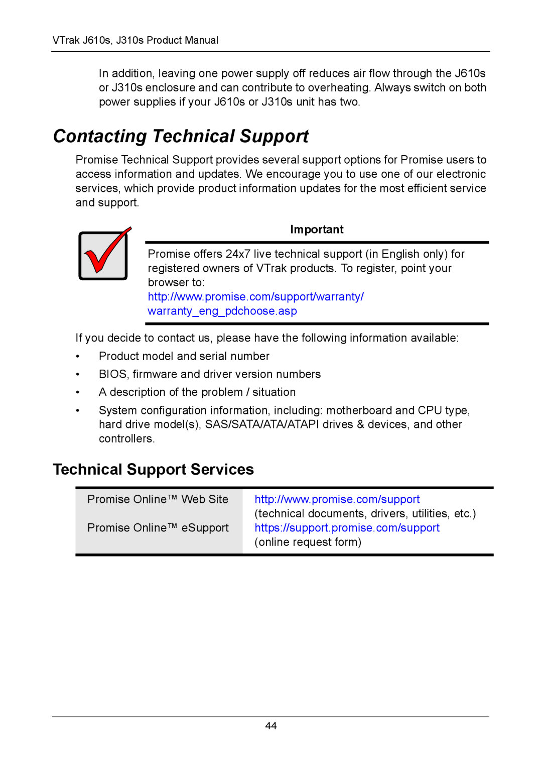 Promise Technology J610S, J310S manual Contacting Technical Support, Technical Support Services 