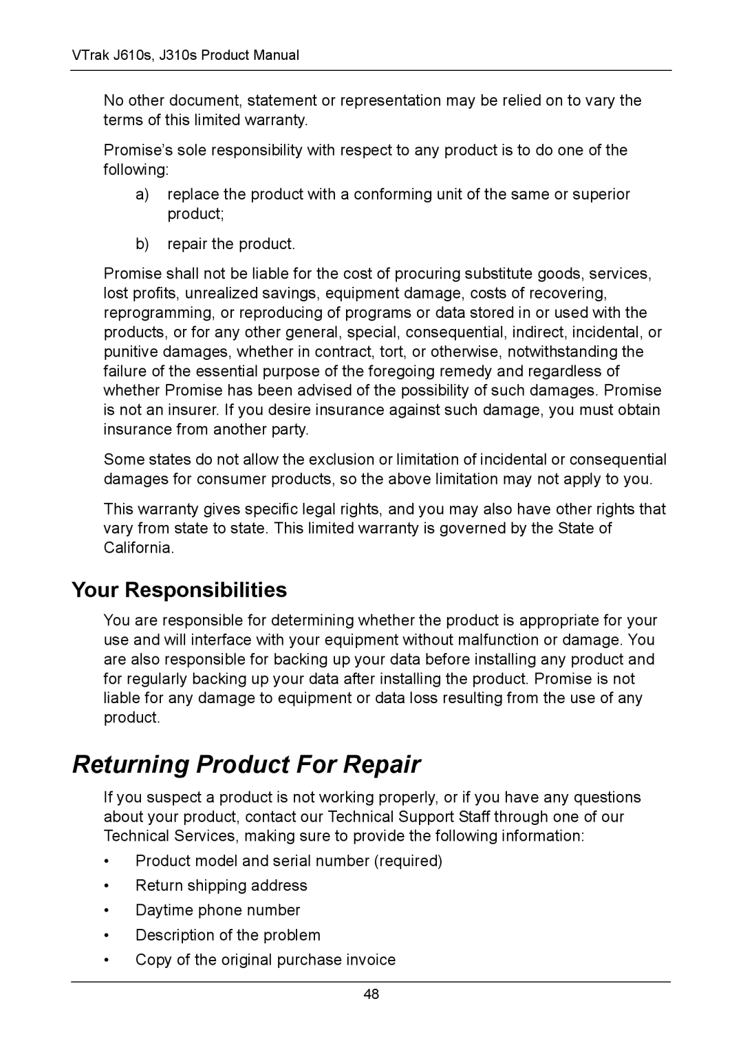 Promise Technology J610S, J310S manual Returning Product For Repair, Your Responsibilities 