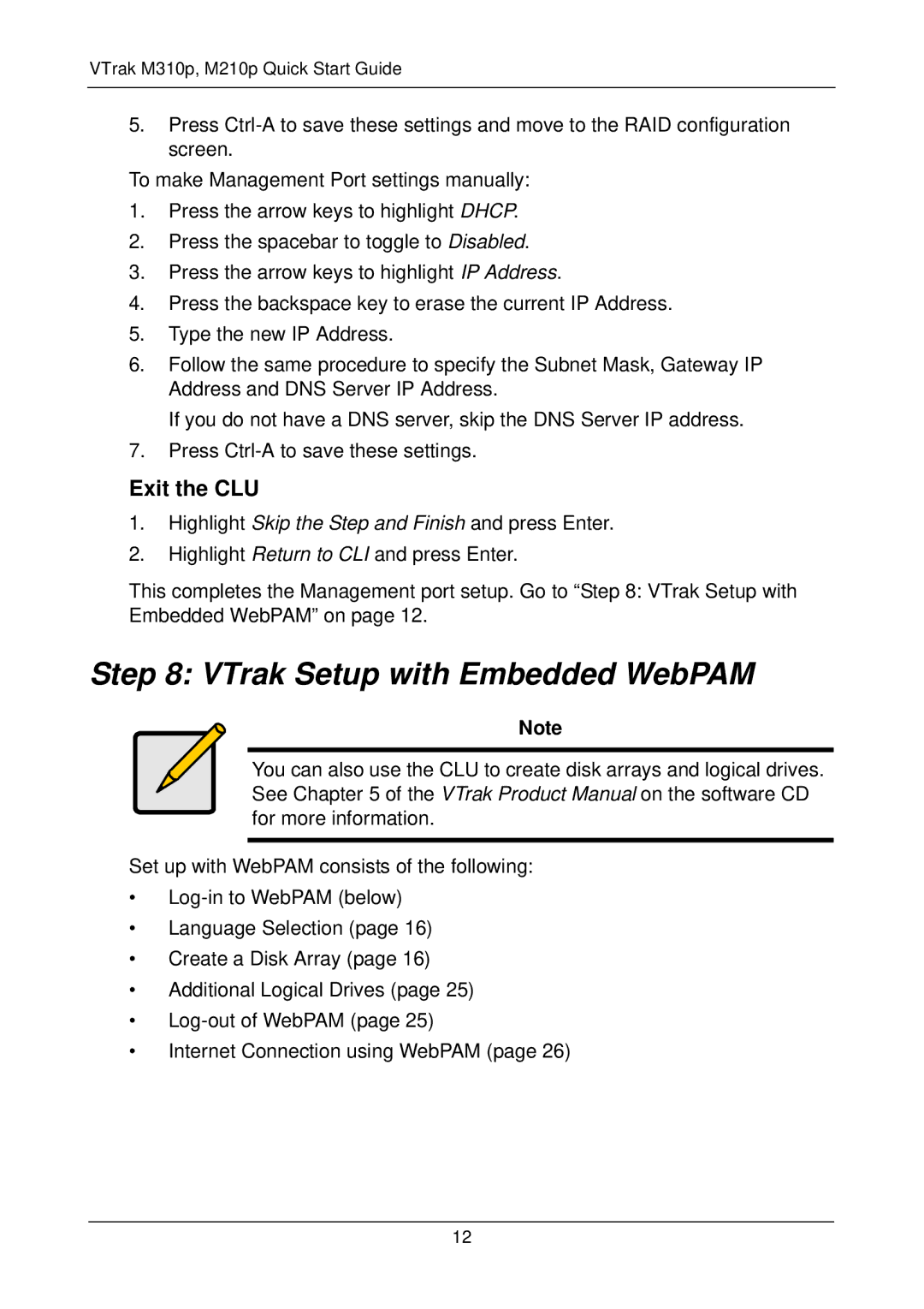 Promise Technology m210p, vtrak, m310p quick start VTrak Setup with Embedded WebPAM, Exit the CLU 