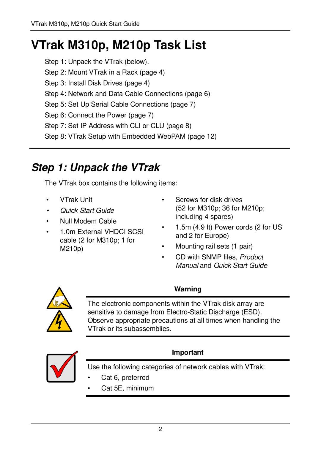 Promise Technology m310p, m210p, vtrak quick start VTrak M310p, M210p Task List, Unpack the VTrak 