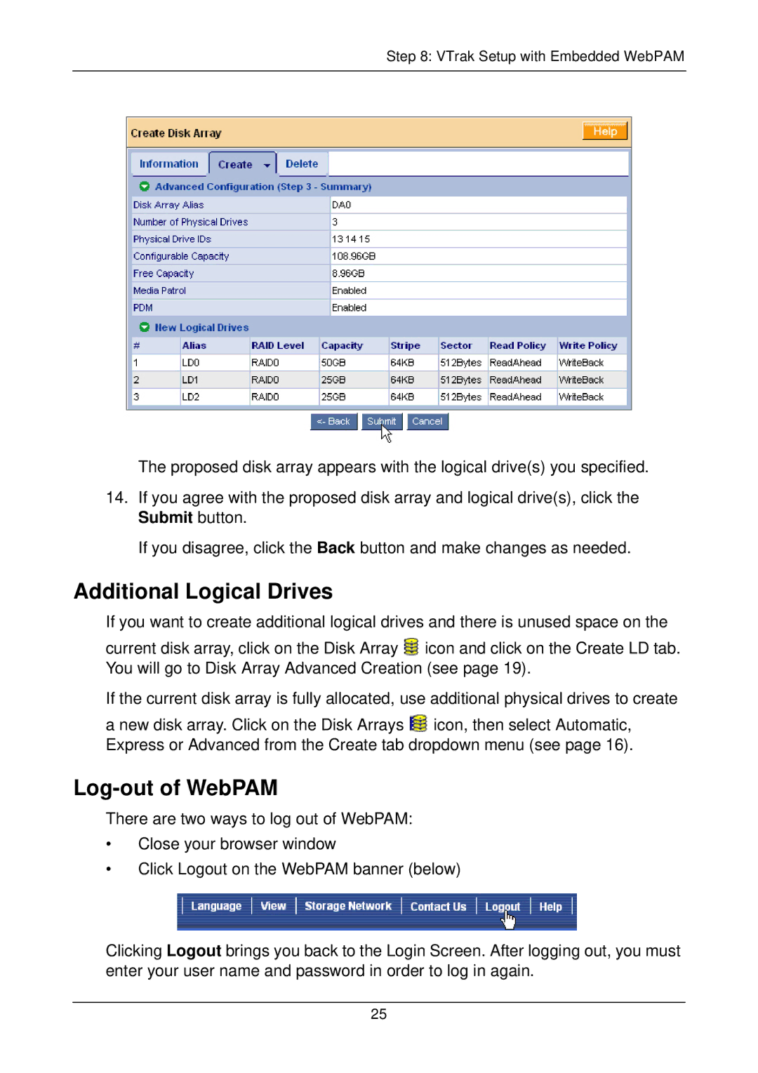 Promise Technology vtrak, m210p, m310p quick start Additional Logical Drives, Log-out of WebPAM 