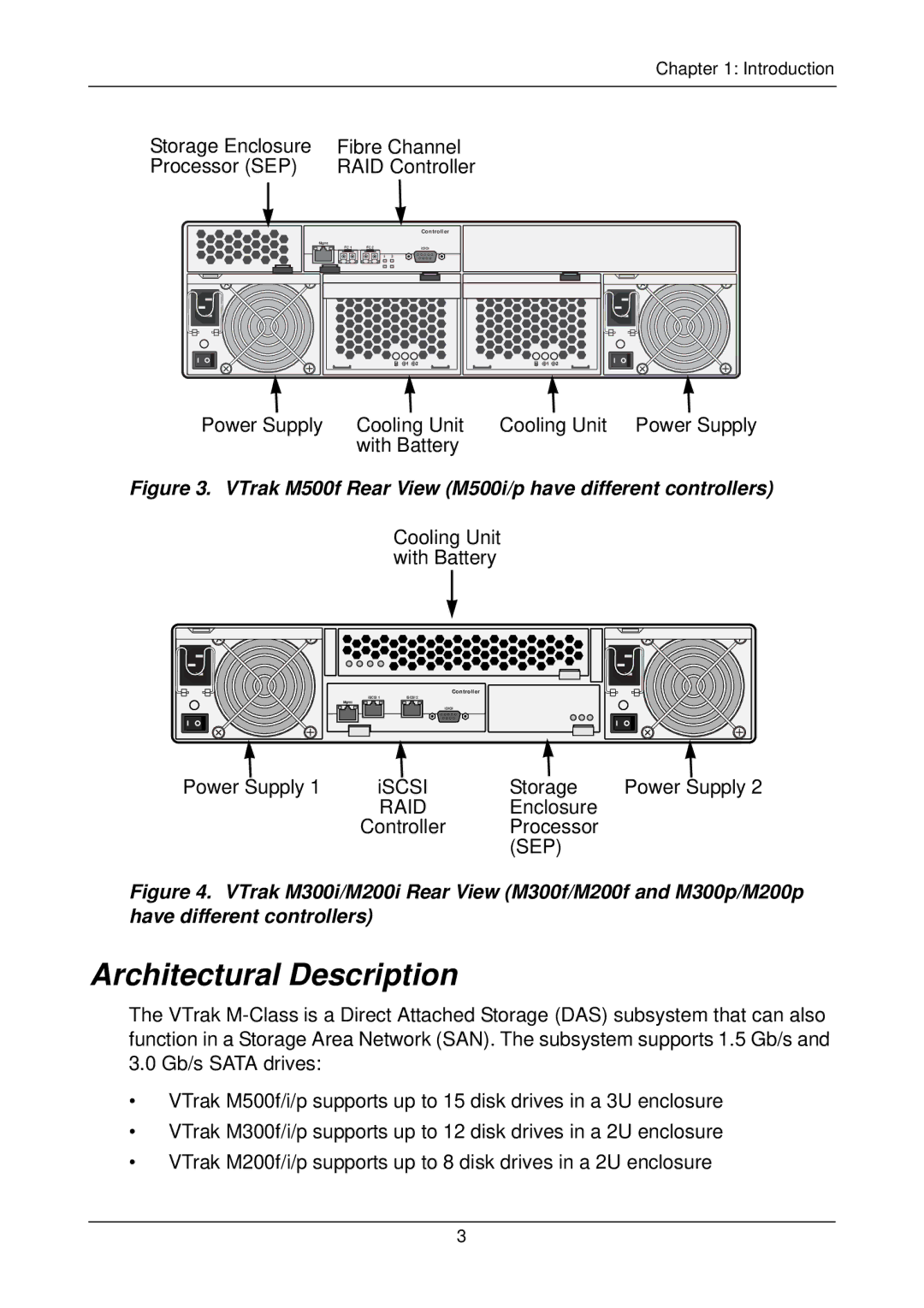 Promise Technology M300p, M500p, M300i Architectural Description, VTrak M500f Rear View M500i/p have different controllers 