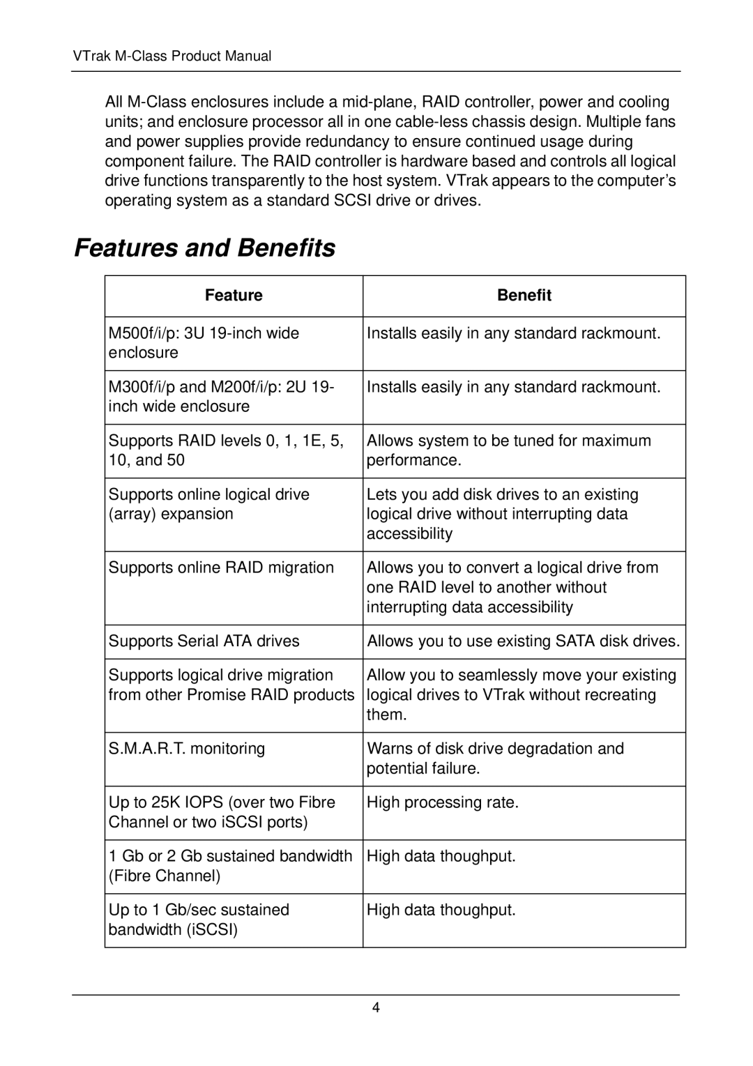 Promise Technology M500p, M500i, M500f, M300p, M300i, M300f, M200i, M200p, M200f manual Features and Benefits, Feature Benefit 