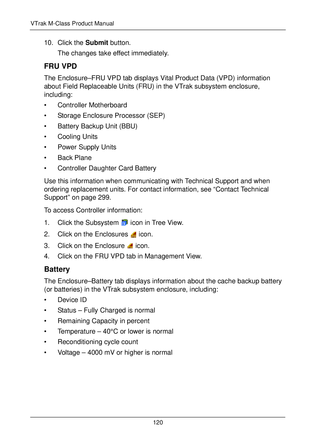 Promise Technology M300p, M500i, M500f, M500p, M300i, M300f, M200i, M200p, M200f manual Fru Vpd, Battery 