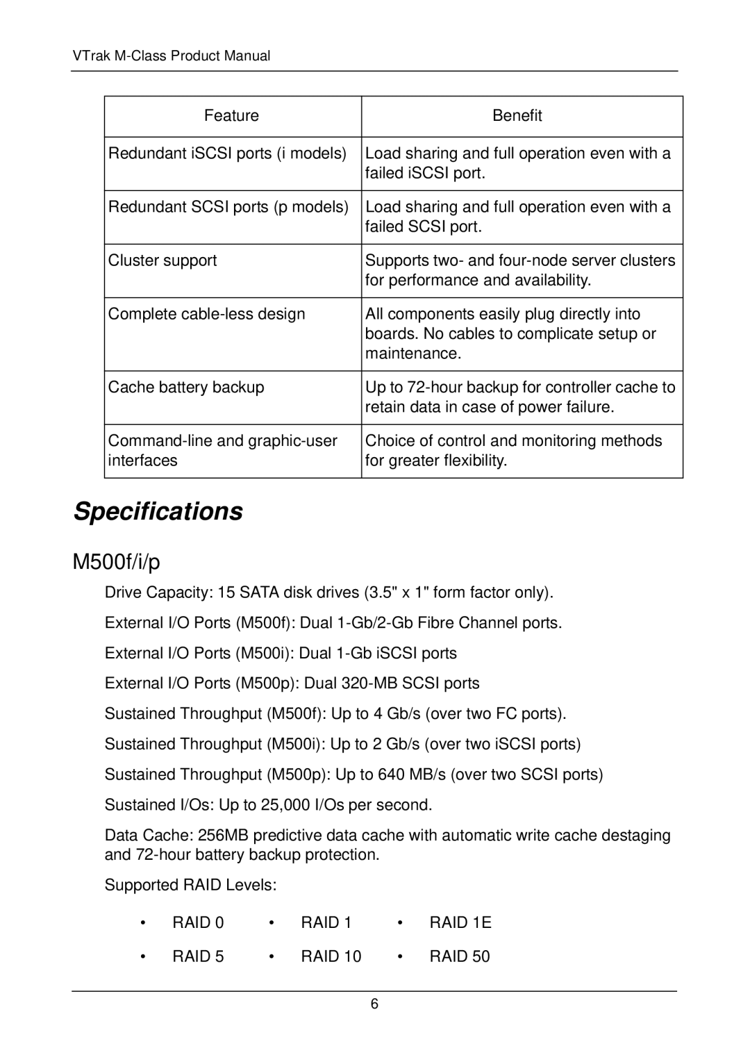 Promise Technology M300f, M500i, M300p, M500p, M300i, M200i, M200p, M200f manual Specifications, M500f/i/p 