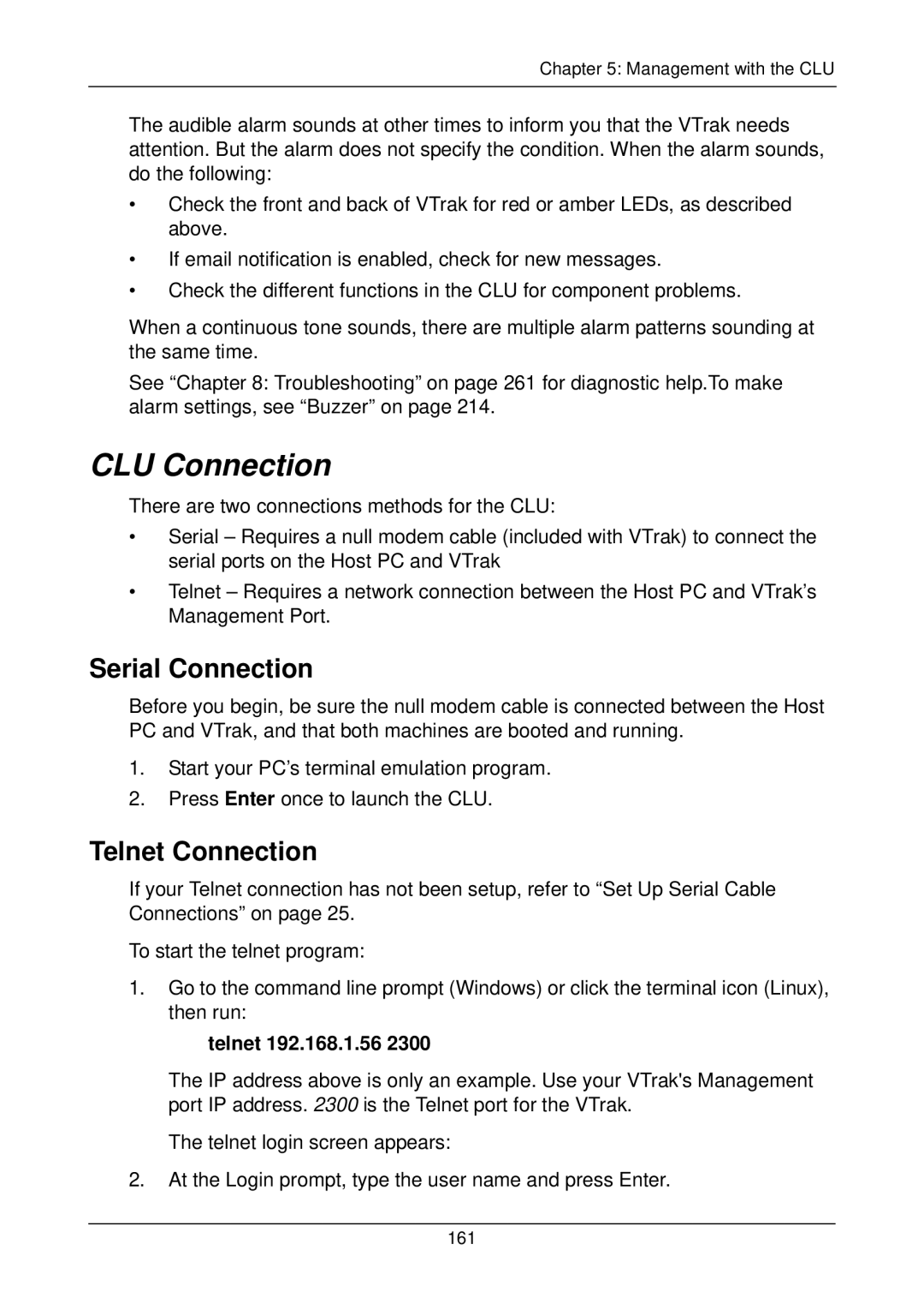 Promise Technology M200p, M500i, M500f, M300p manual CLU Connection, Serial Connection, Telnet Connection, Telnet 192.168.1.56 