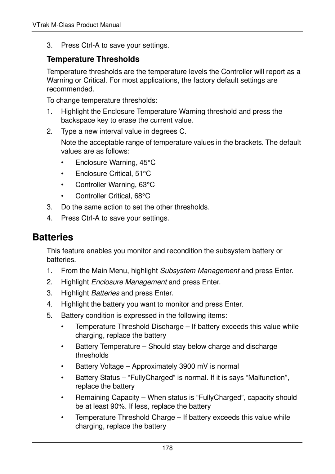 Promise Technology M200i, M500i, M500f, M300p, M500p, M300i, M300f, M200p, M200f manual Batteries, Temperature Thresholds 