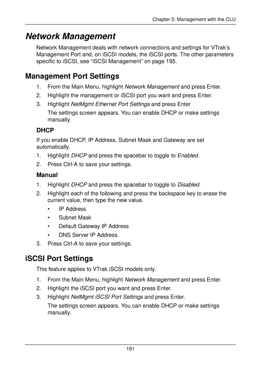 Promise Technology M500f, M500i, M300p, M500p manual Network Management, Management Port Settings, ISCSI Port Settings, Manual 