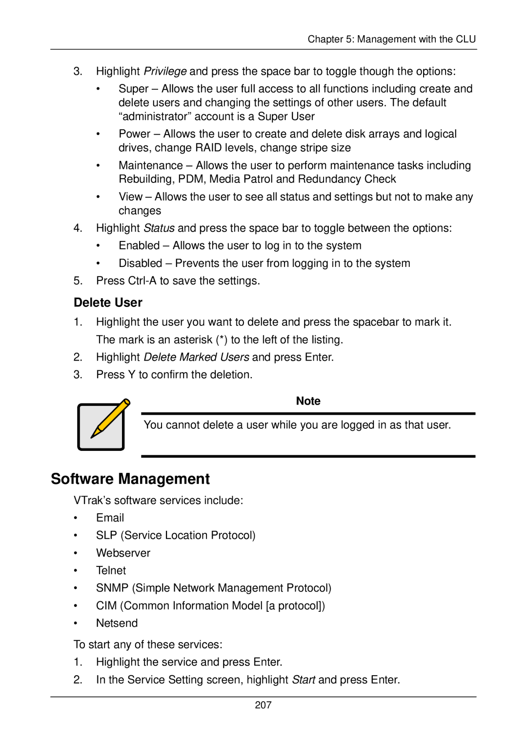 Promise Technology M200f, M500i, M500f, M300p, M500p, M300i, M300f, M200i, M200p manual Software Management, Delete User 