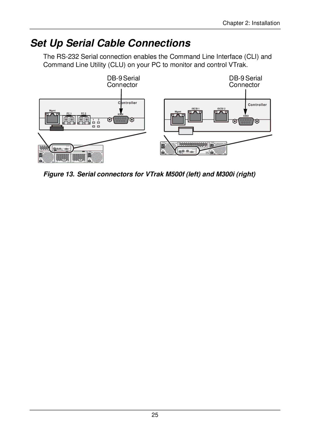 Promise Technology M200i, M500i Set Up Serial Cable Connections, Serial connectors for VTrak M500f left and M300i right 