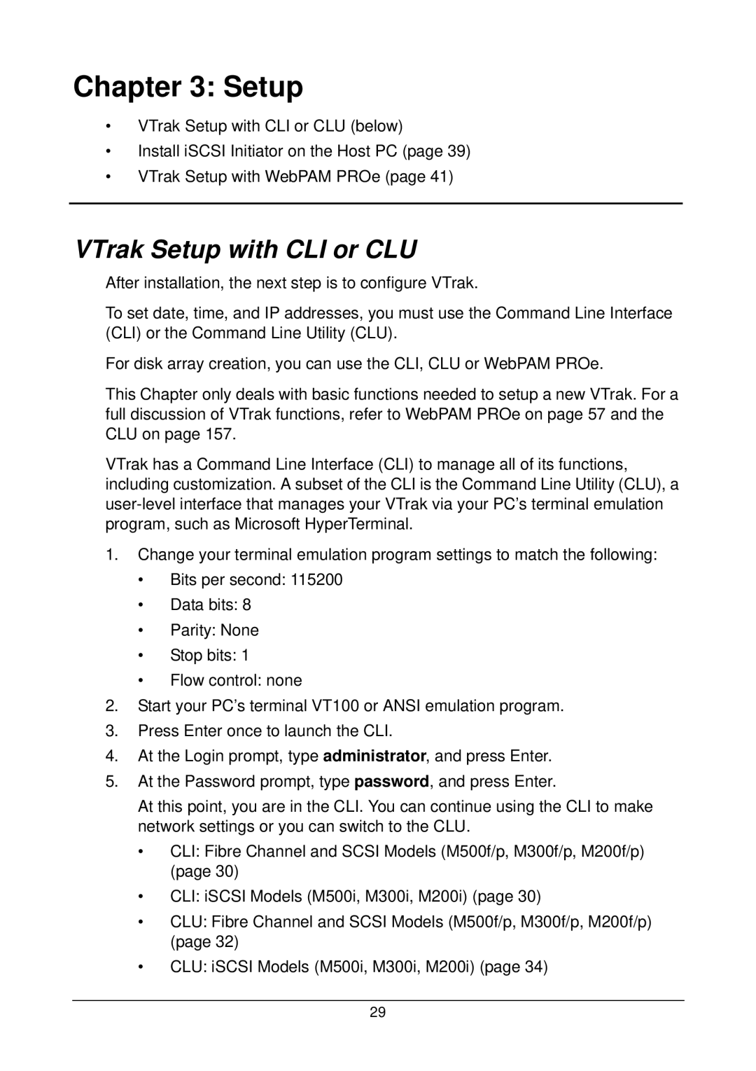 Promise Technology M500f, M500i, M300p, M500p, M300i, M300f, M200i, M200p, M200f manual VTrak Setup with CLI or CLU 