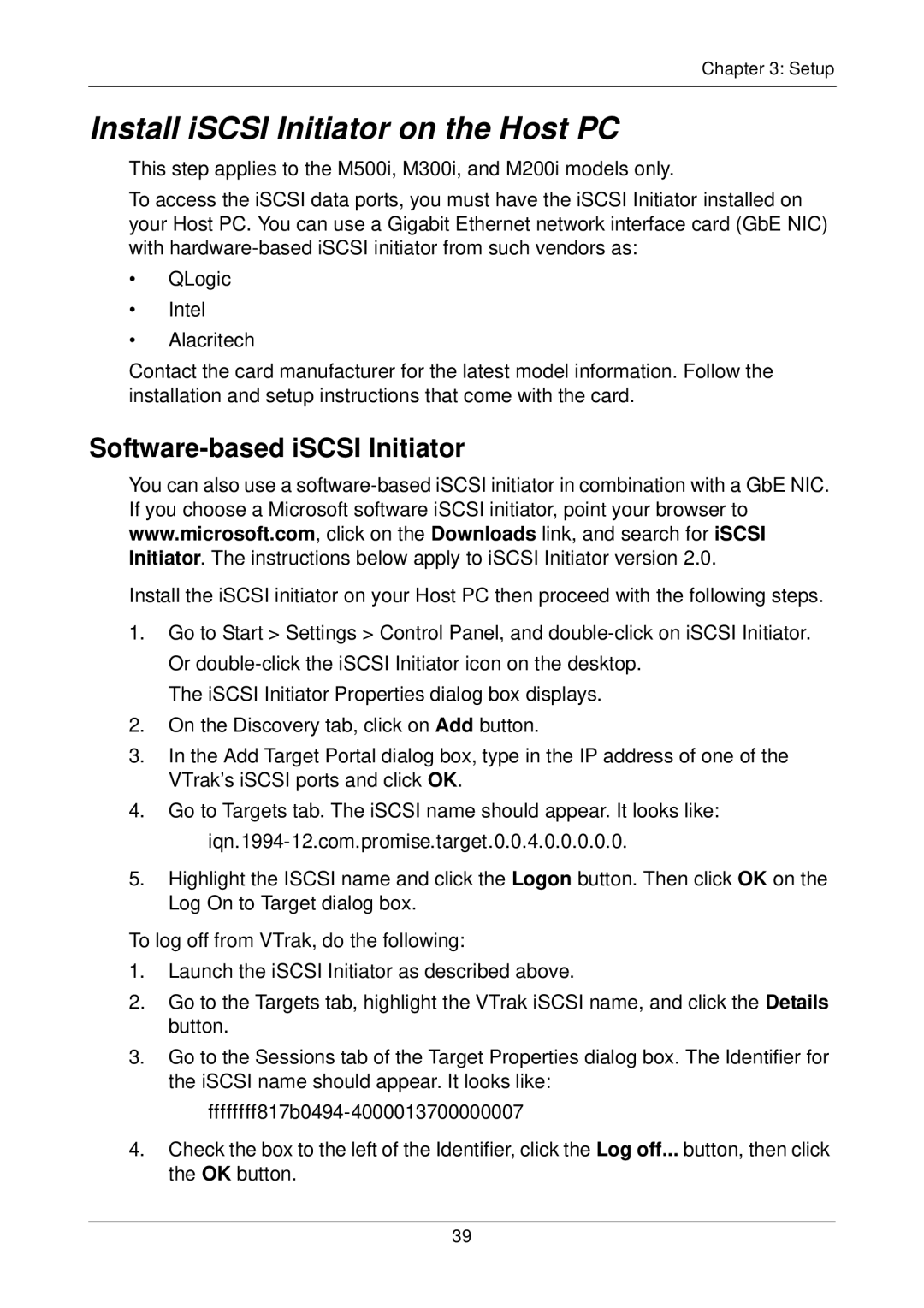 Promise Technology M300p, M500i, M500f, M500p, M300i Install iSCSI Initiator on the Host PC, Software-based iSCSI Initiator 