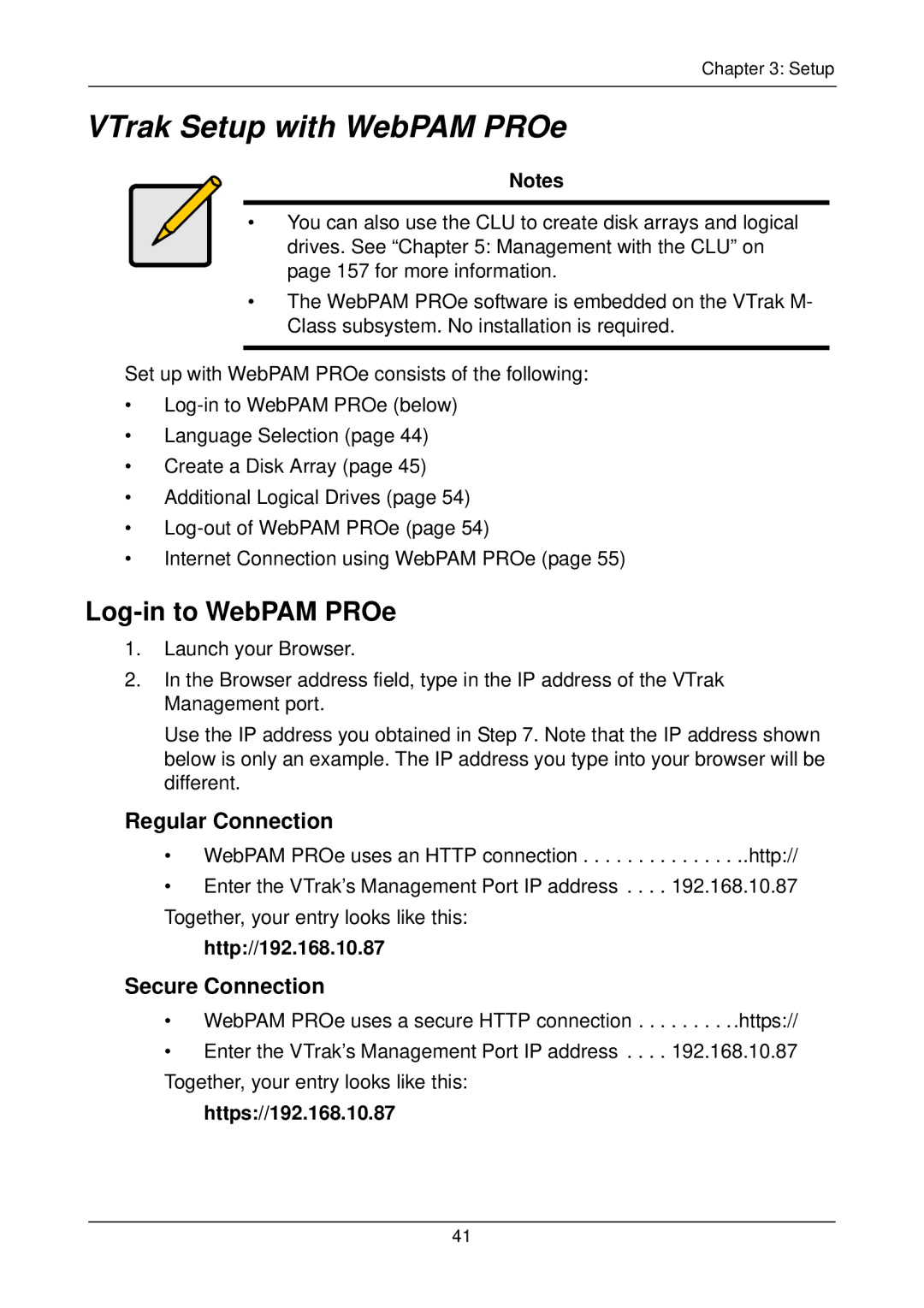 Promise Technology M300i, M500i VTrak Setup with WebPAM PROe, Log-in to WebPAM PROe, Regular Connection, Secure Connection 