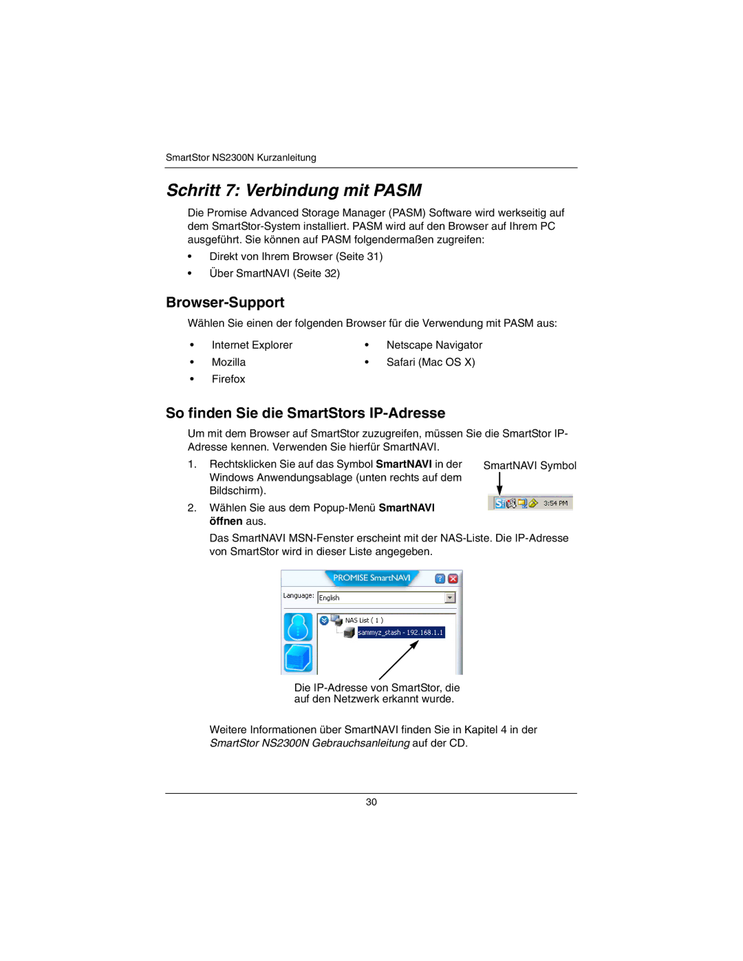 Promise Technology NS2300N Schritt 7 Verbindung mit Pasm, Browser-Support, So finden Sie die SmartStors IP-Adresse 