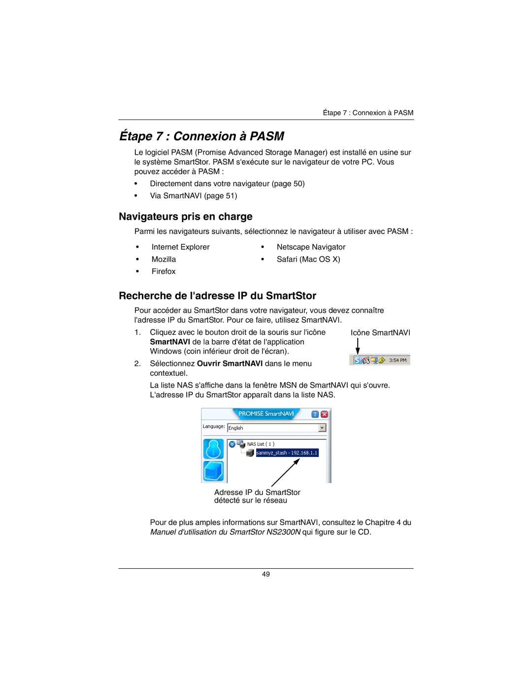 Promise Technology NS2300N Étape 7 Connexion à Pasm, Navigateurs pris en charge, Recherche de ladresse IP du SmartStor 