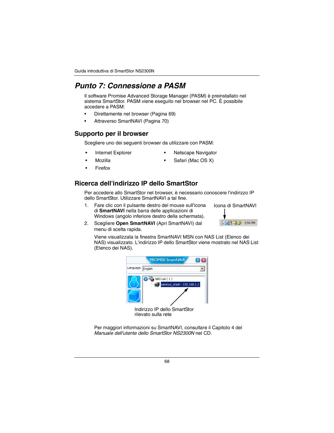 Promise Technology NS2300N Punto 7 Connessione a Pasm, Supporto per il browser, Ricerca dellindirizzo IP dello SmartStor 