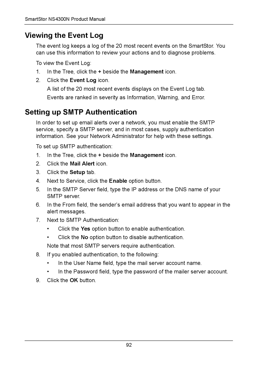 Promise Technology NS4300N manual Viewing the Event Log, Setting up Smtp Authentication 