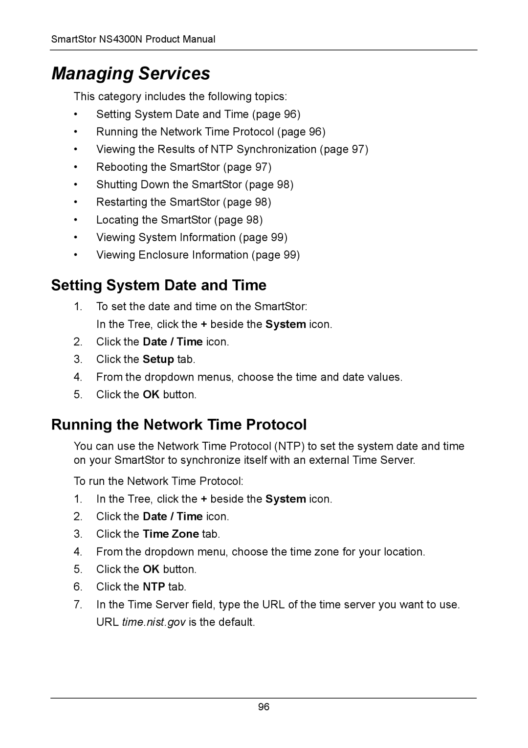 Promise Technology NS4300N manual Managing Services, Setting System Date and Time, Running the Network Time Protocol 