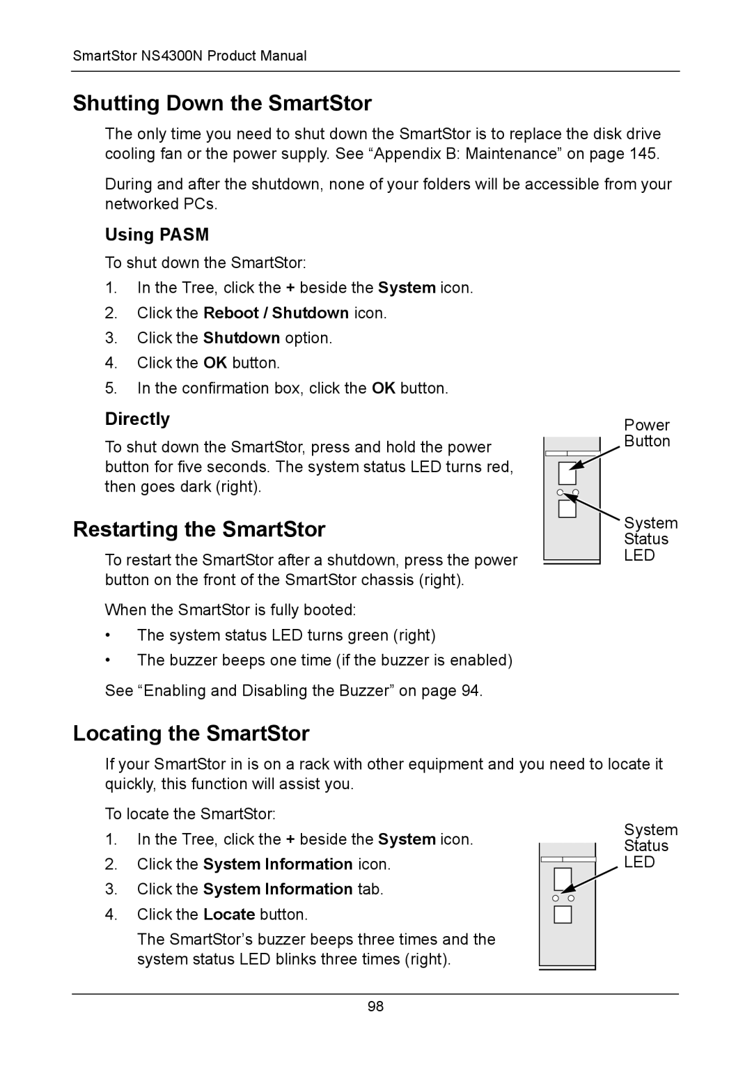 Promise Technology NS4300N manual Shutting Down the SmartStor, Restarting the SmartStor, Locating the SmartStor, Using Pasm 