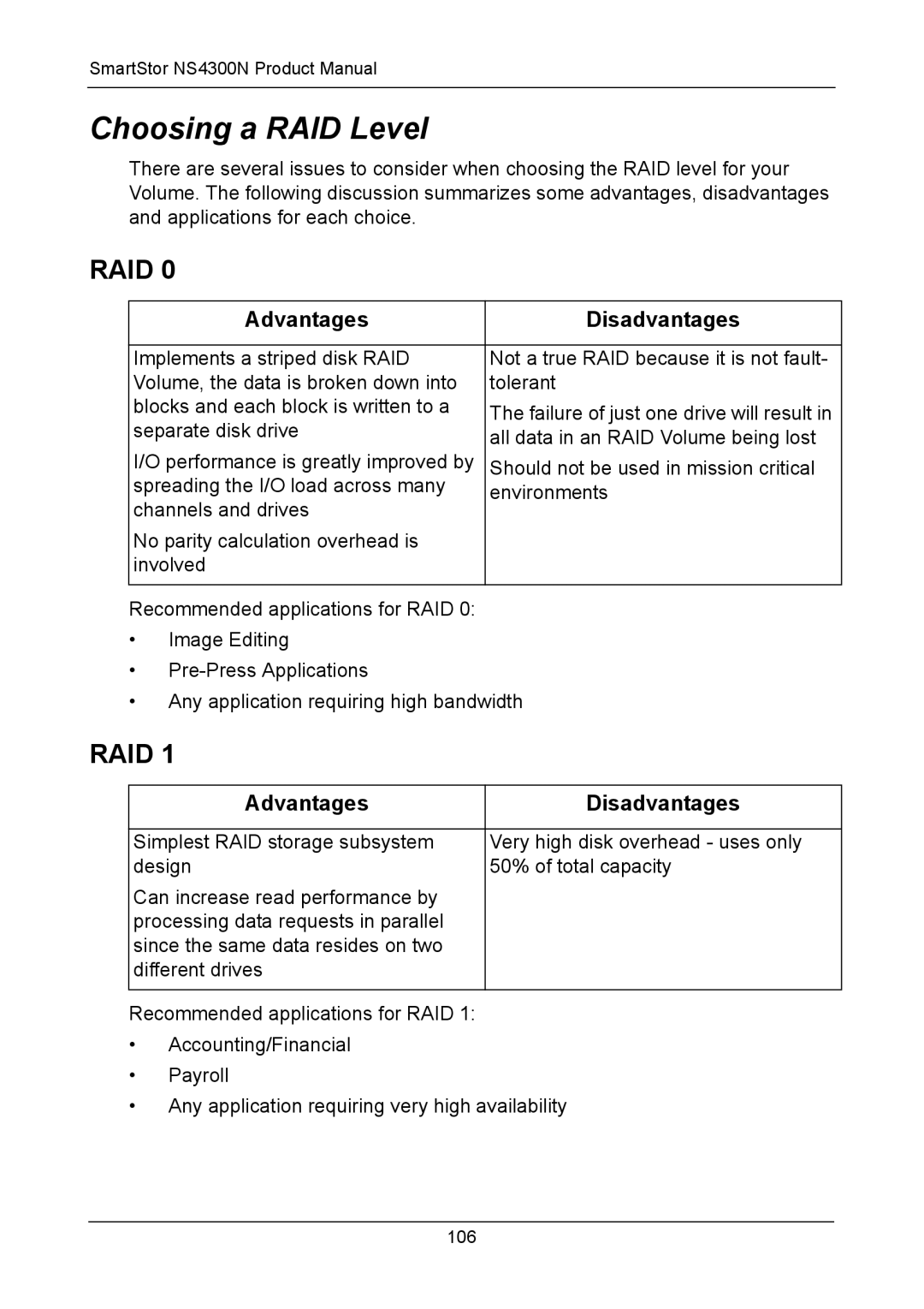 Promise Technology NS4300N manual Choosing a RAID Level, Advantages Disadvantages 