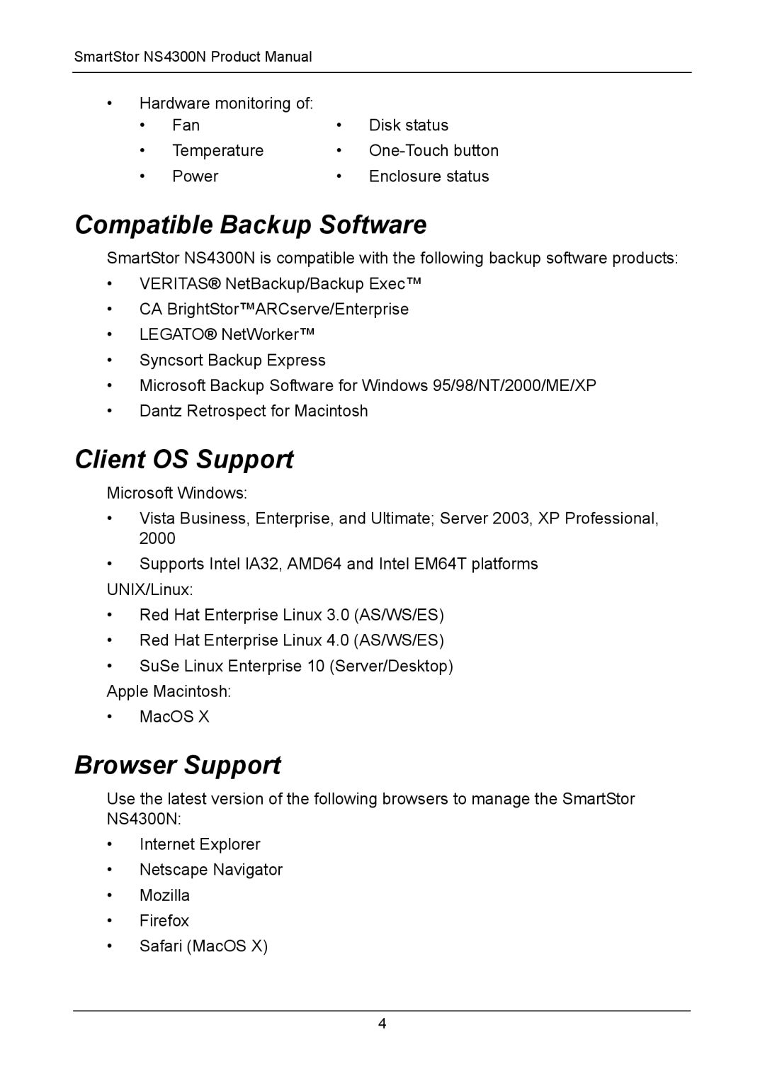 Promise Technology NS4300N manual Compatible Backup Software, Client OS Support, Browser Support 