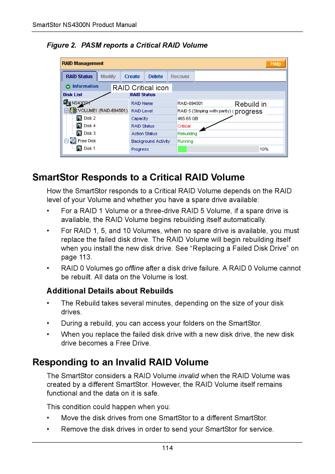 Promise Technology NS4300N manual SmartStor Responds to a Critical RAID Volume, Responding to an Invalid RAID Volume 