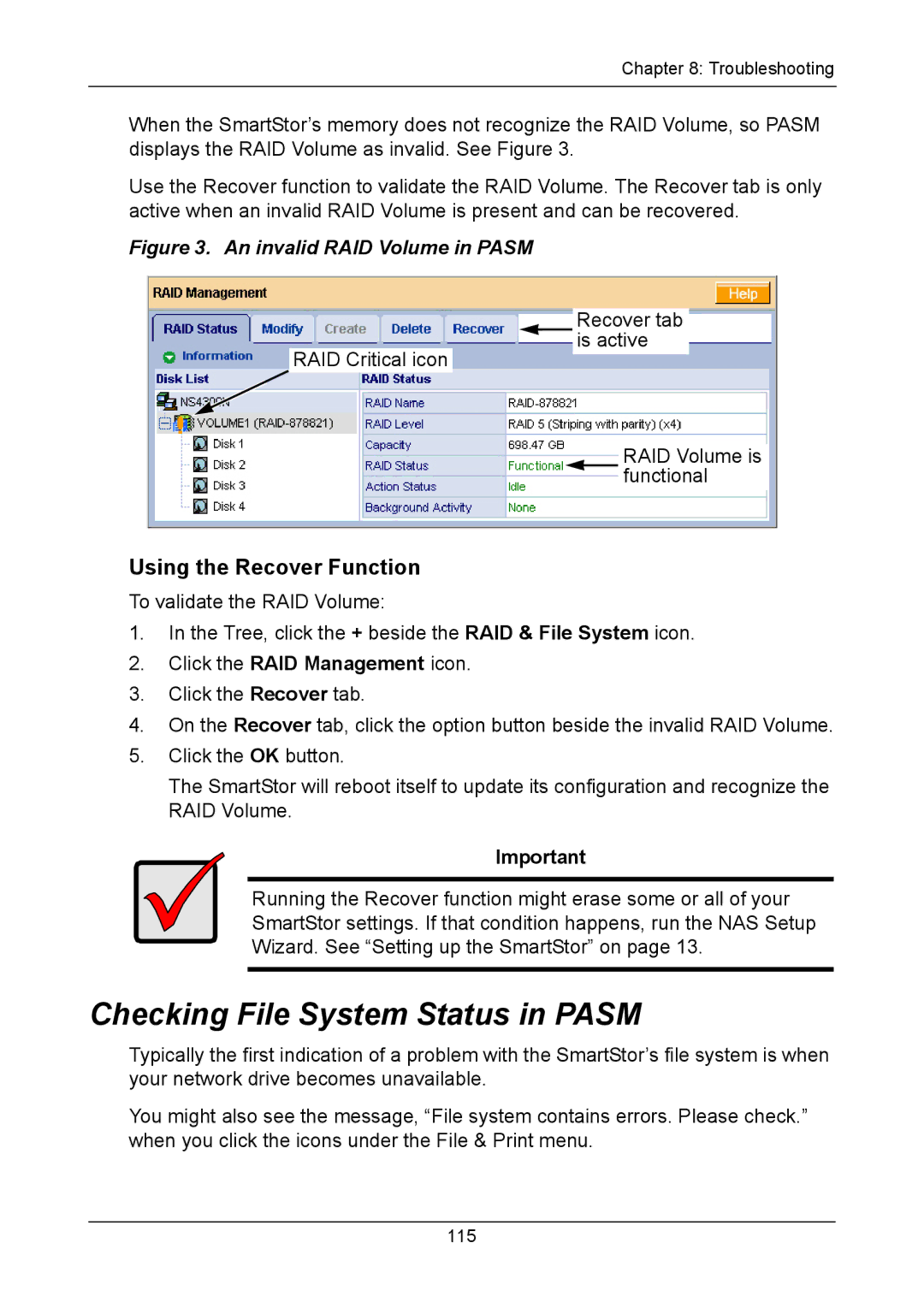 Promise Technology NS4300N manual Checking File System Status in Pasm, Using the Recover Function 