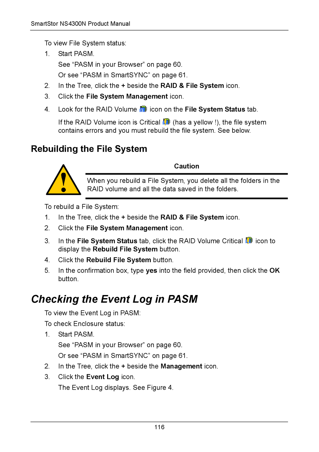 Promise Technology NS4300N manual Checking the Event Log in Pasm, Rebuilding the File System 