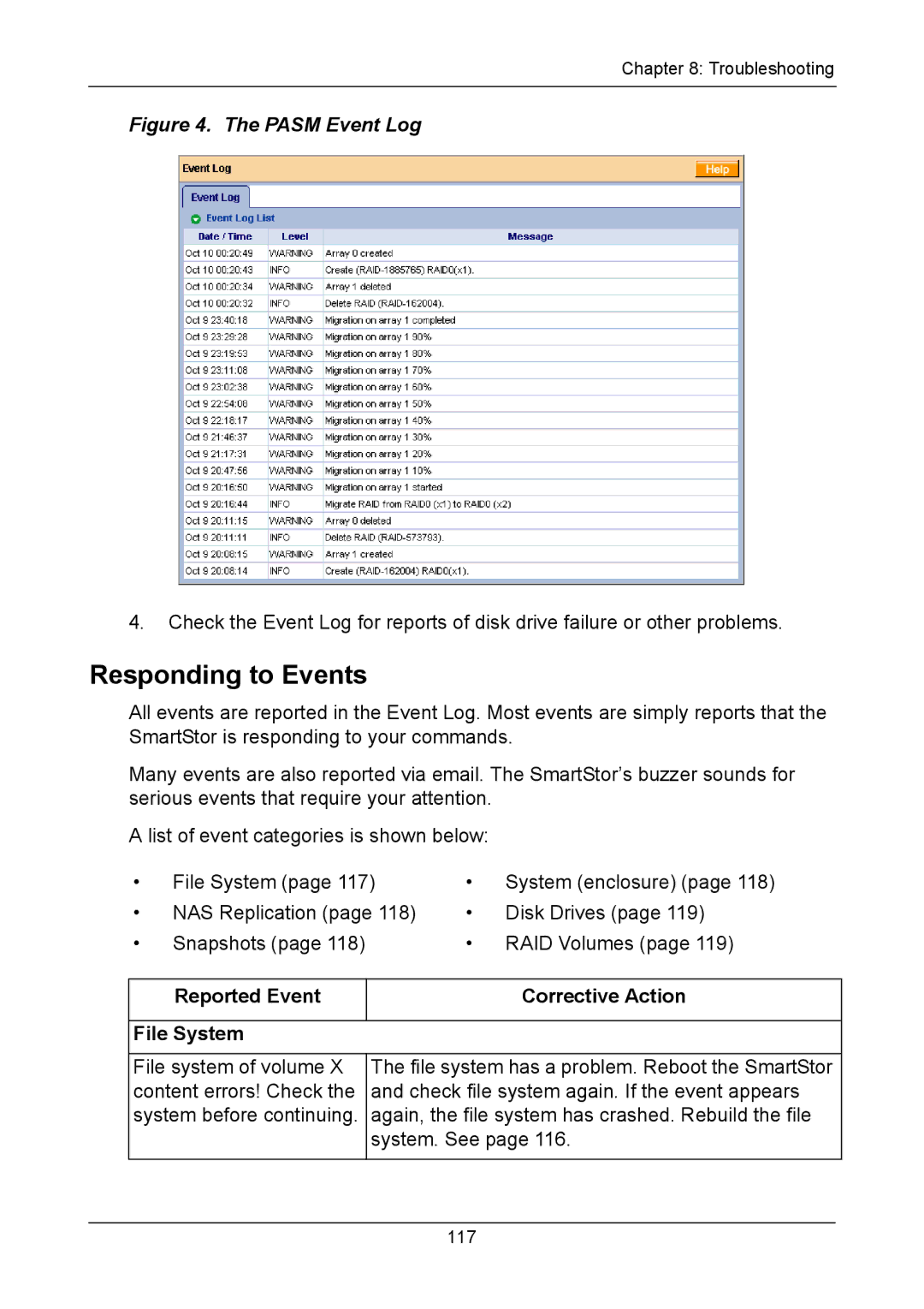 Promise Technology NS4300N manual Responding to Events, Reported Event Corrective Action File System 