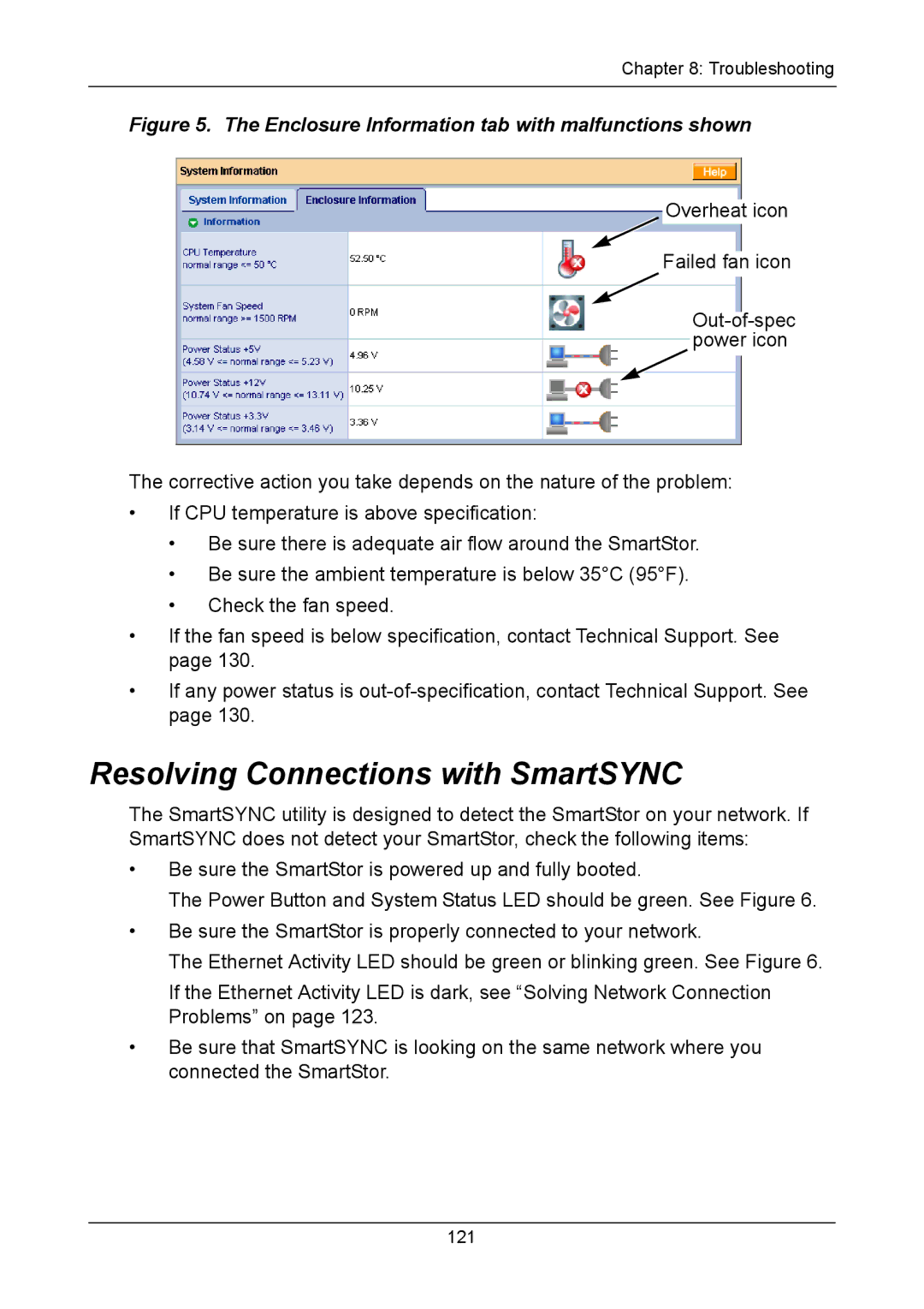 Promise Technology NS4300N manual Resolving Connections with SmartSYNC, Enclosure Information tab with malfunctions shown 