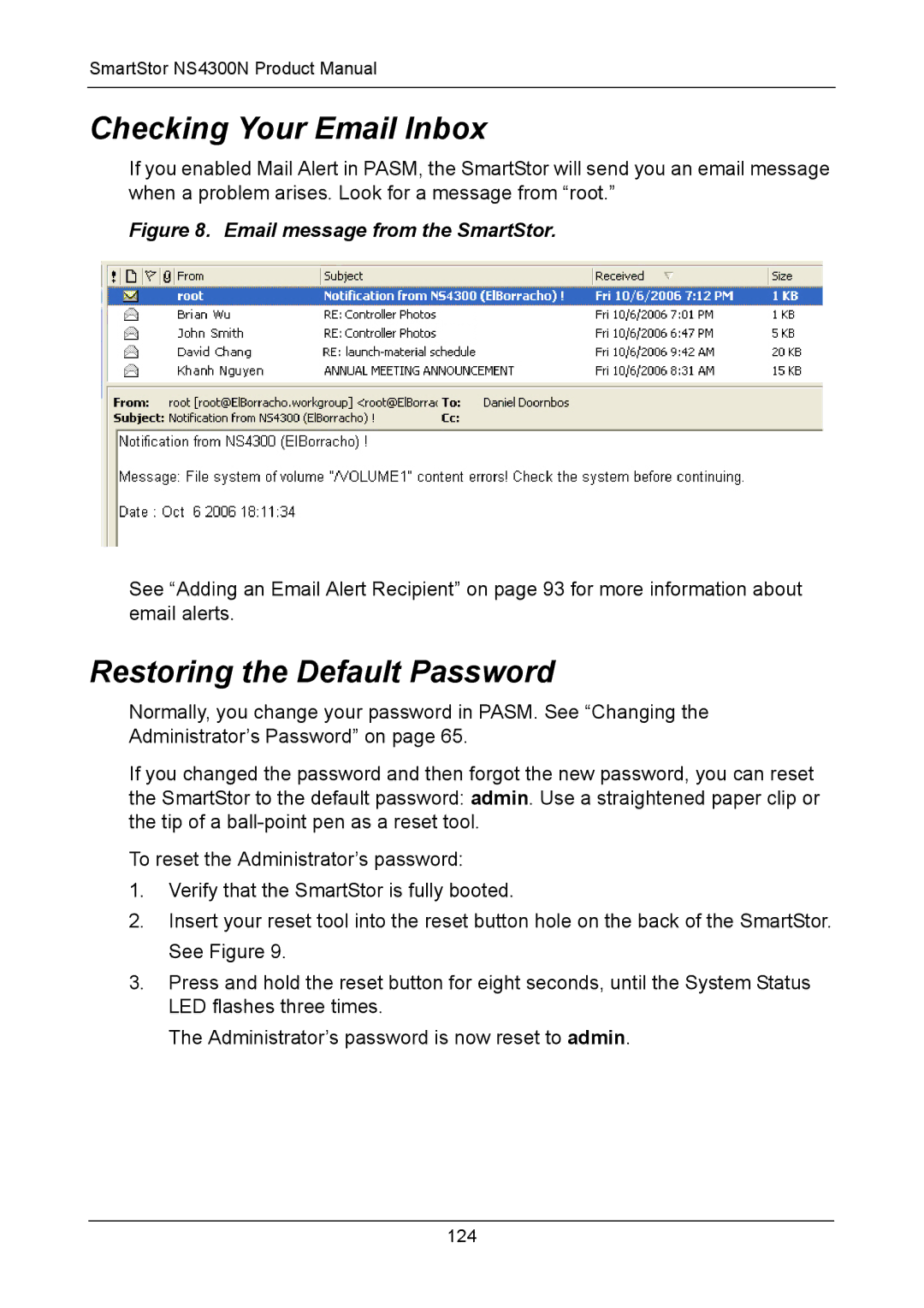 Promise Technology NS4300N manual Checking Your Email Inbox, Restoring the Default Password 