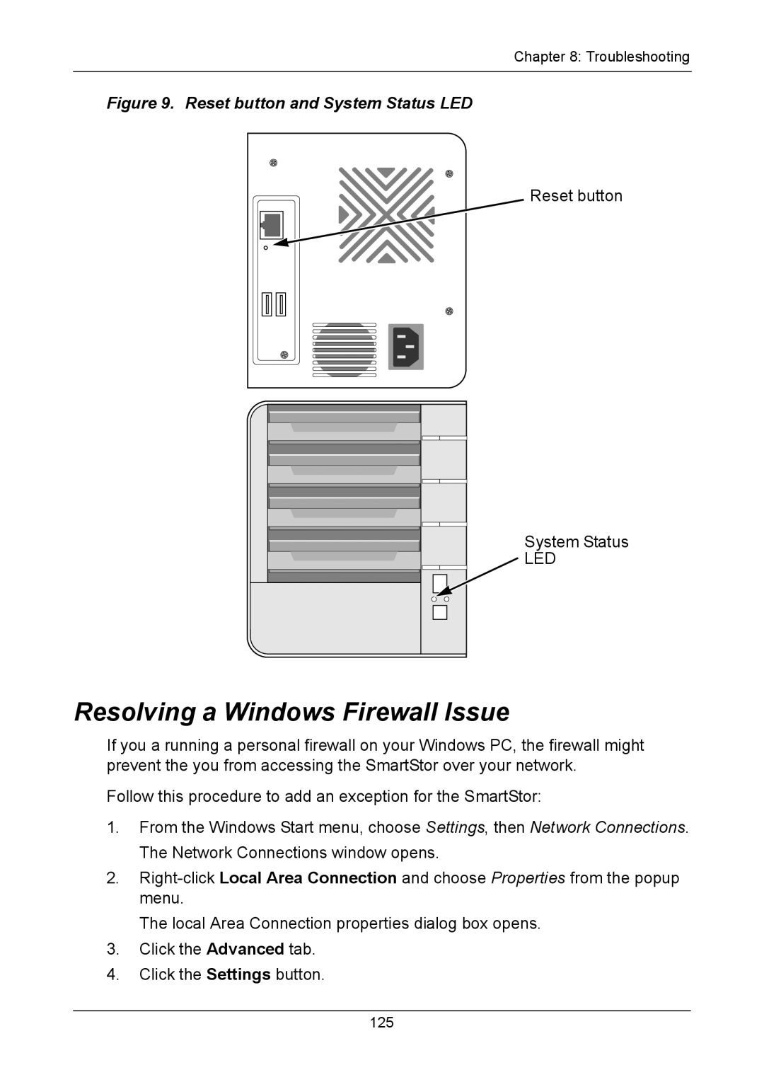 Promise Technology NS4300N manual Resolving a Windows Firewall Issue, Reset button and System Status LED 