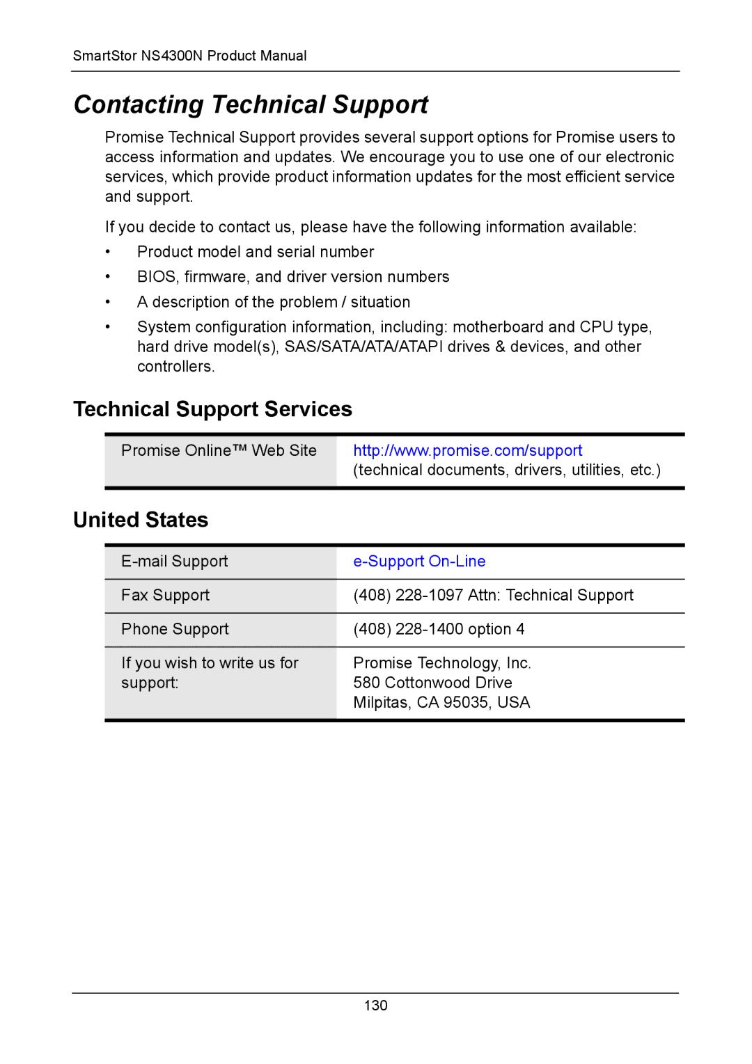 Promise Technology NS4300N manual Contacting Technical Support, Technical Support Services, United States 