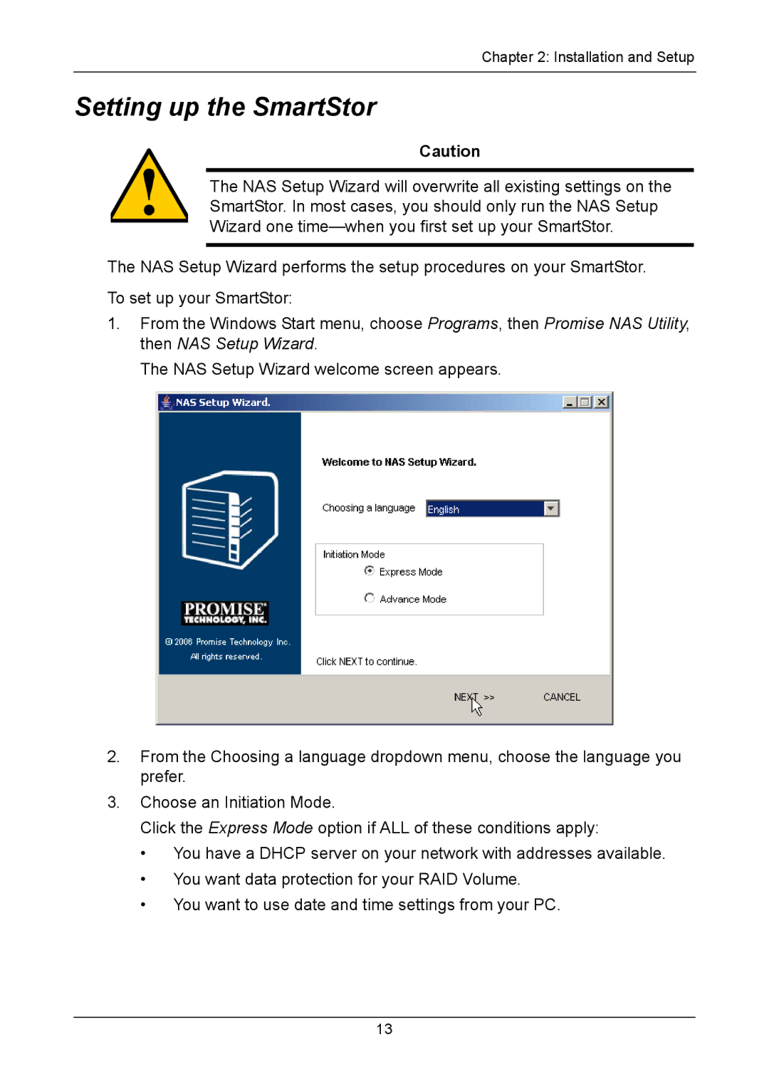 Promise Technology NS4300N manual Setting up the SmartStor 