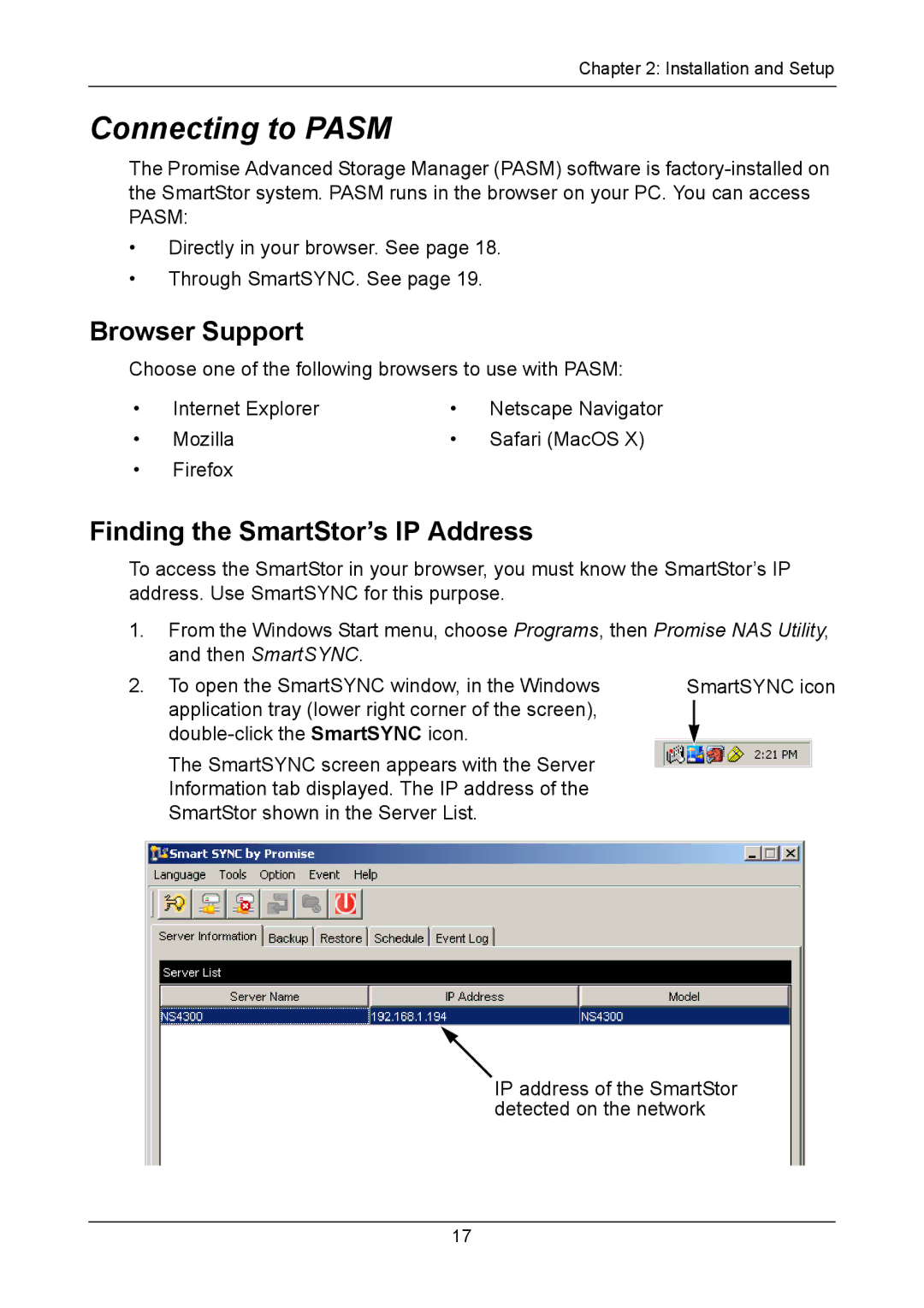 Promise Technology NS4300N manual Connecting to Pasm, Browser Support, Finding the SmartStor’s IP Address 