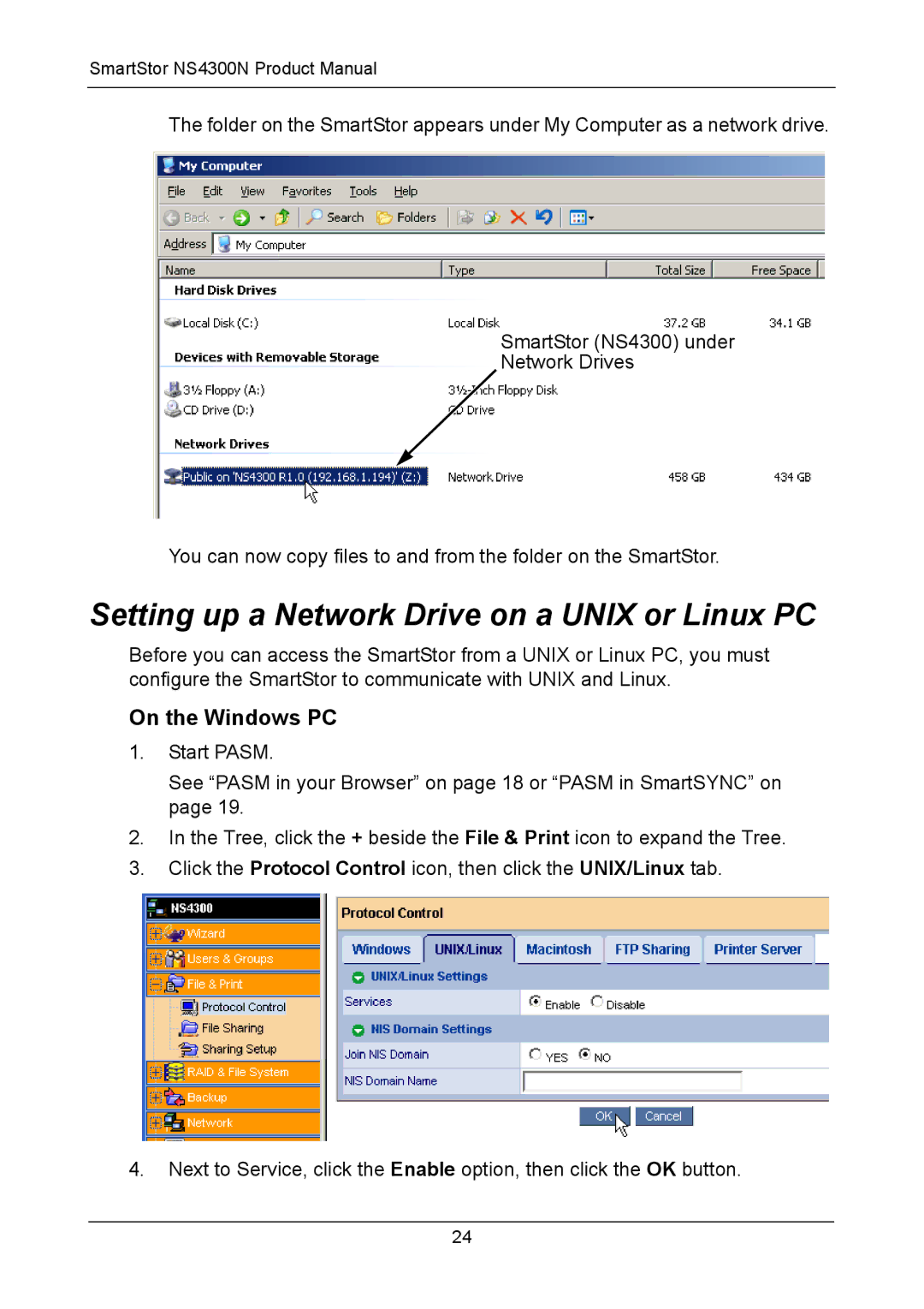 Promise Technology NS4300N manual Setting up a Network Drive on a Unix or Linux PC, On the Windows PC 
