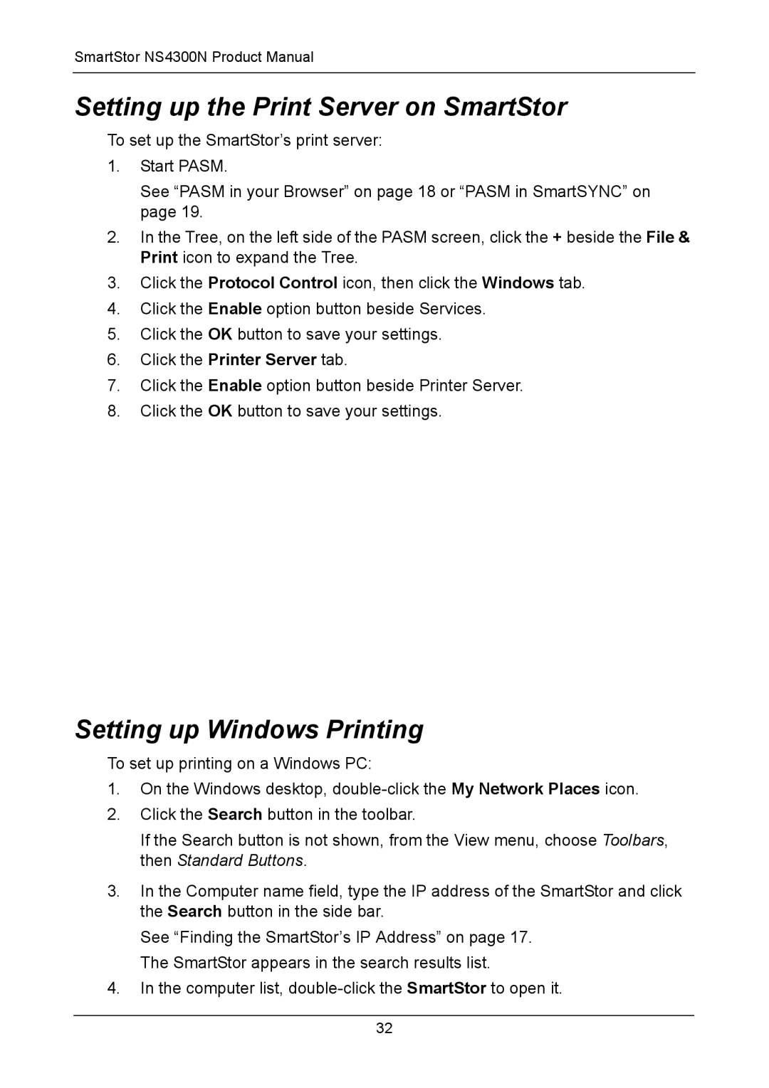 Promise Technology NS4300N manual Setting up the Print Server on SmartStor, Setting up Windows Printing 