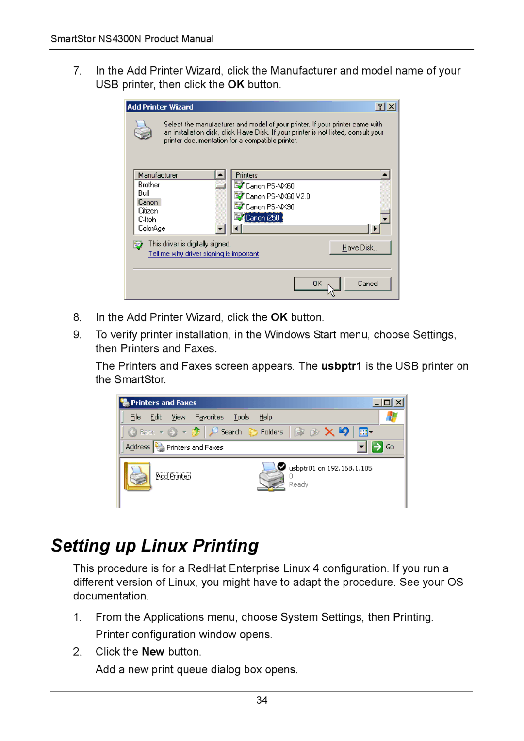 Promise Technology NS4300N manual Setting up Linux Printing 