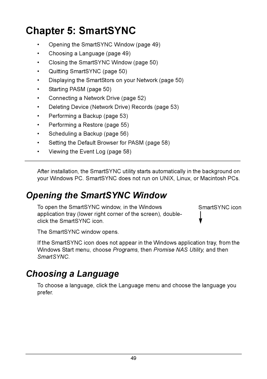 Promise Technology NS4300N manual Opening the SmartSYNC Window, Choosing a Language 