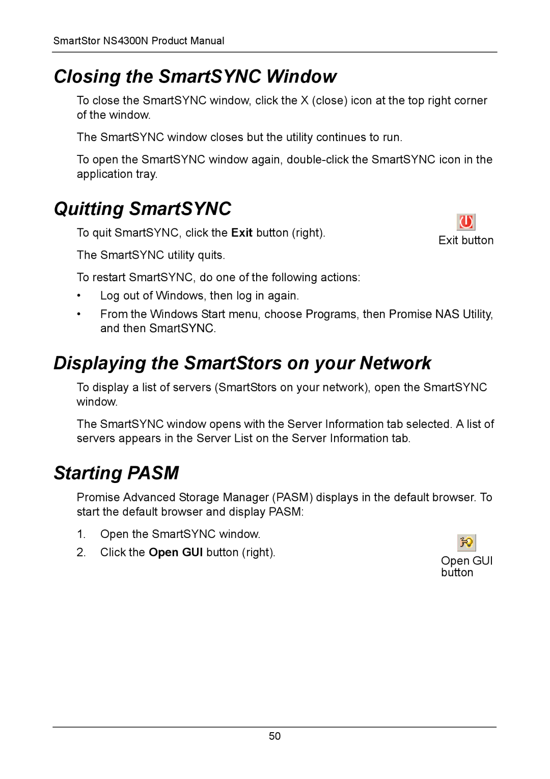 Promise Technology NS4300N Closing the SmartSYNC Window, Quitting SmartSYNC, Displaying the SmartStors on your Network 