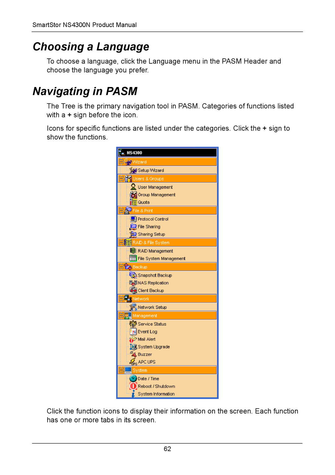 Promise Technology NS4300N manual Choosing a Language, Navigating in Pasm 