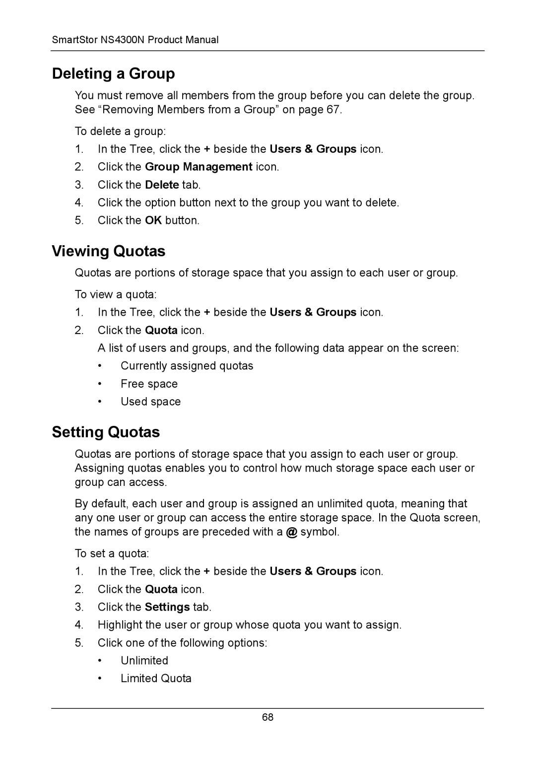 Promise Technology NS4300N manual Deleting a Group, Viewing Quotas, Setting Quotas 
