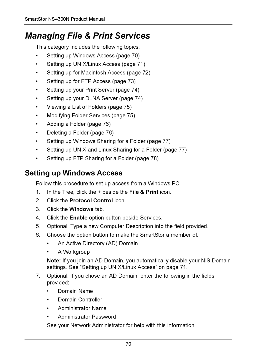 Promise Technology NS4300N Managing File & Print Services, Setting up Windows Access, Click the Protocol Control icon 