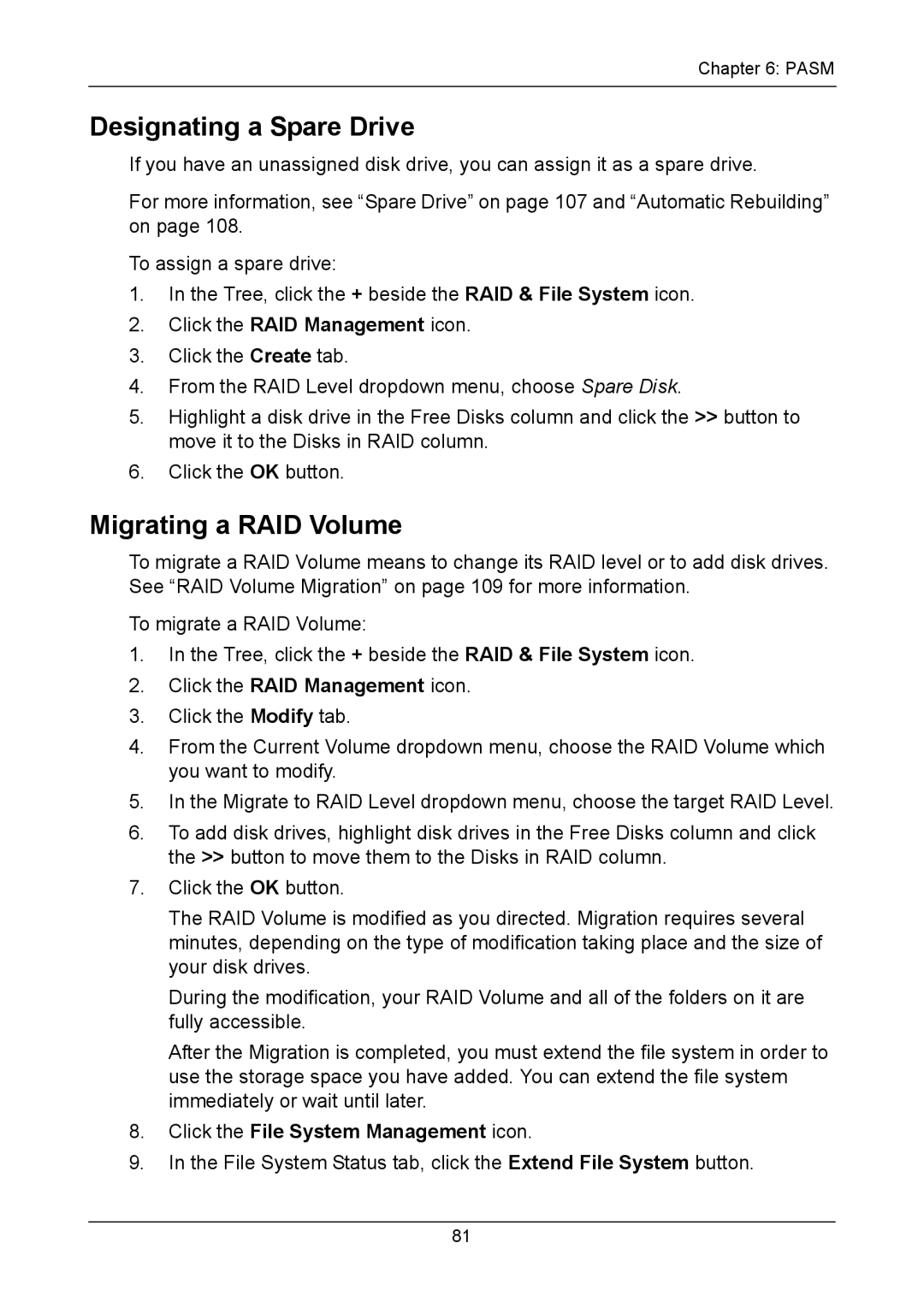 Promise Technology NS4300N manual Designating a Spare Drive, Migrating a RAID Volume, Click the File System Management icon 