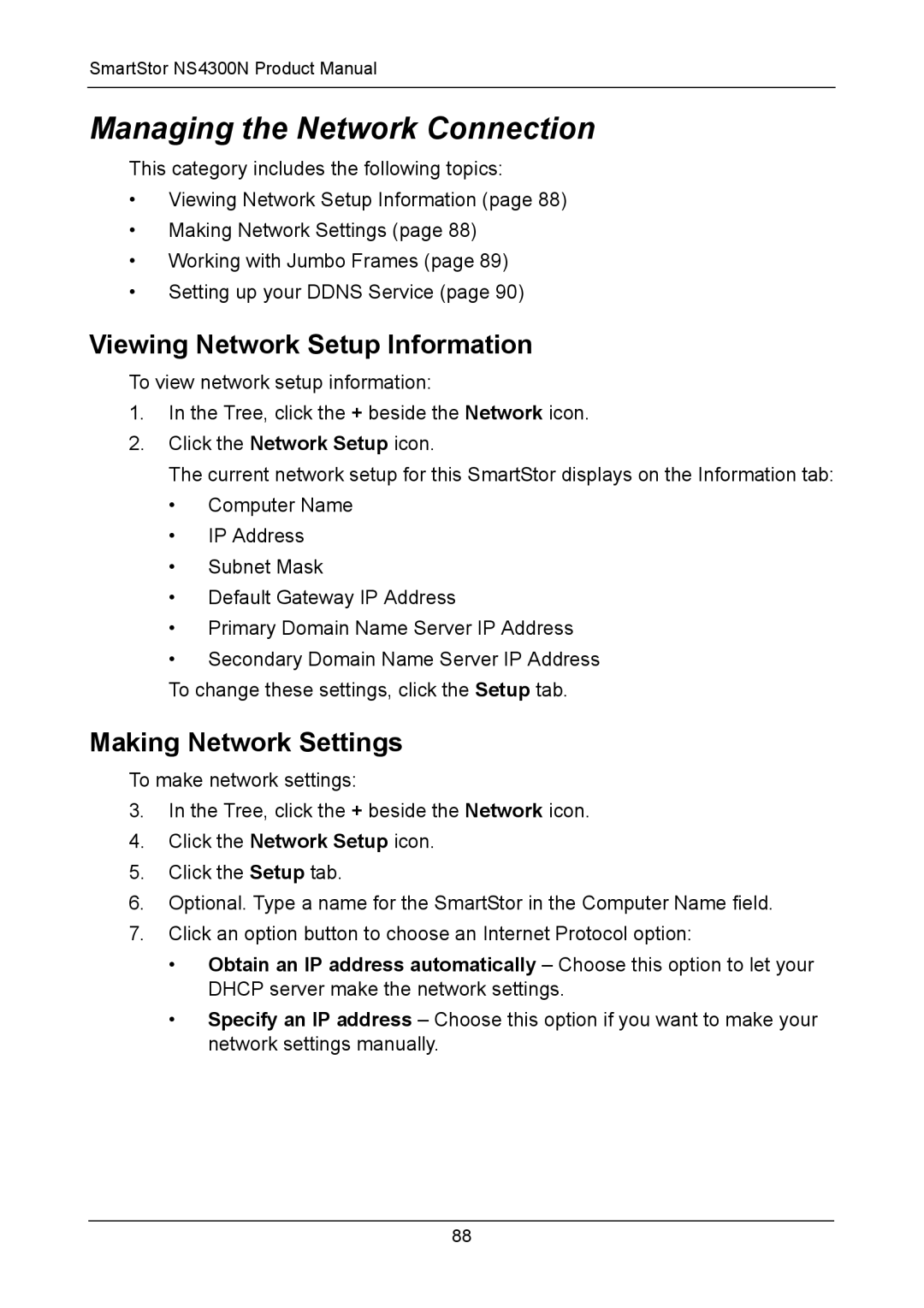 Promise Technology NS4300N Managing the Network Connection, Viewing Network Setup Information, Making Network Settings 